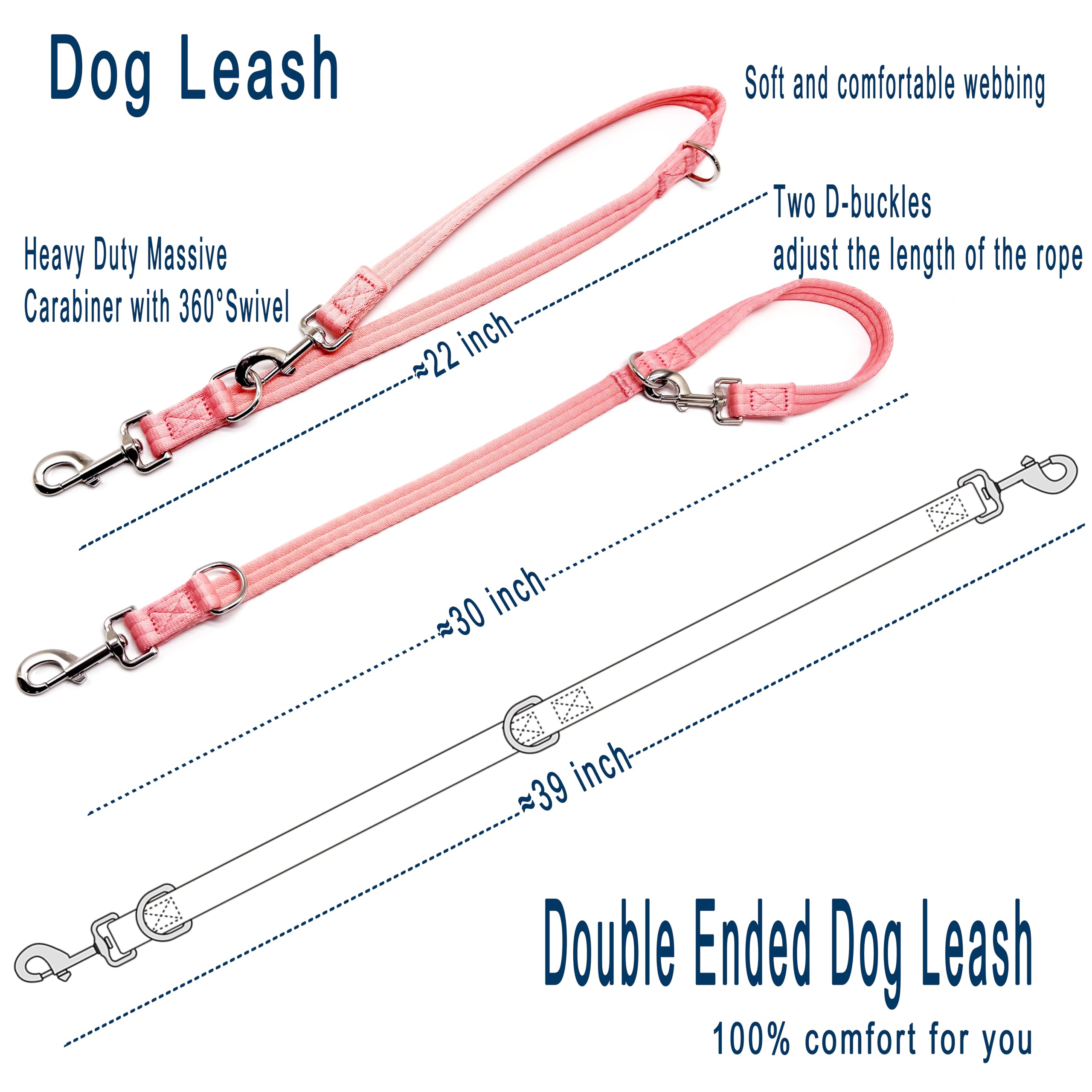 Double Ended Dog Leash,For Obedience Training Easy To Use,Lightweight,Soft For Large And Medium Dogs (Pink, 1M*2.5Cm)