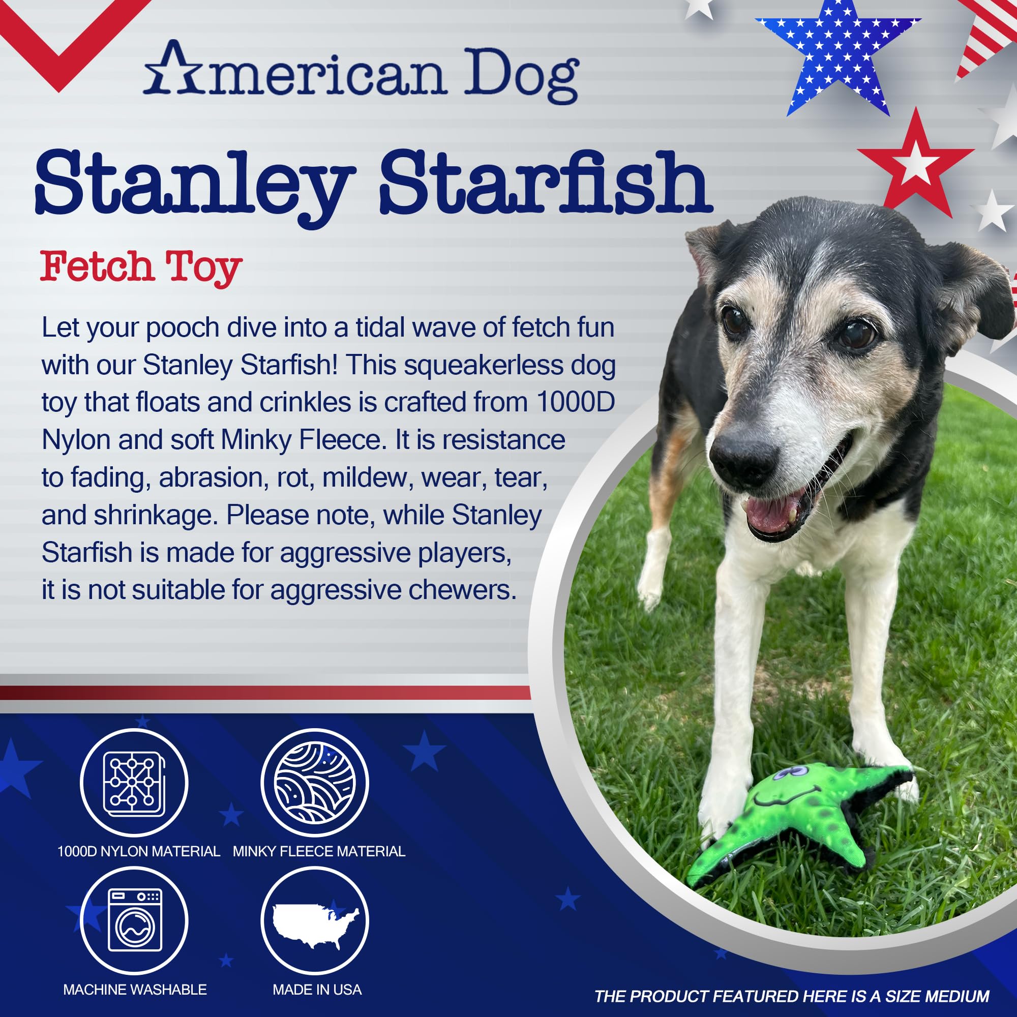 American Dog Stanley Starfish - Durable Fetch Dog Toy Made In Usa From Pet-Safe, Machine-Washable 1000D Nylon Material And Minky
