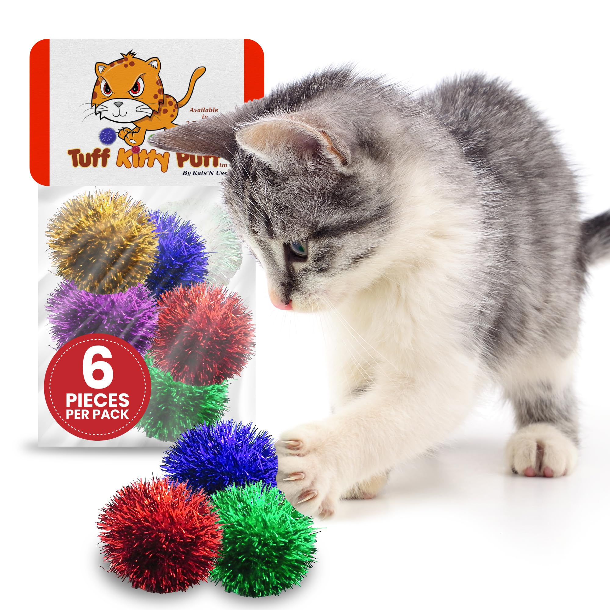 Tuff Kitty Puff Jumbo Sparkle Ball, Tinsel Balls For Cats - 2 Inches, Assorted Colors - Ideal Cat Exercise Toy