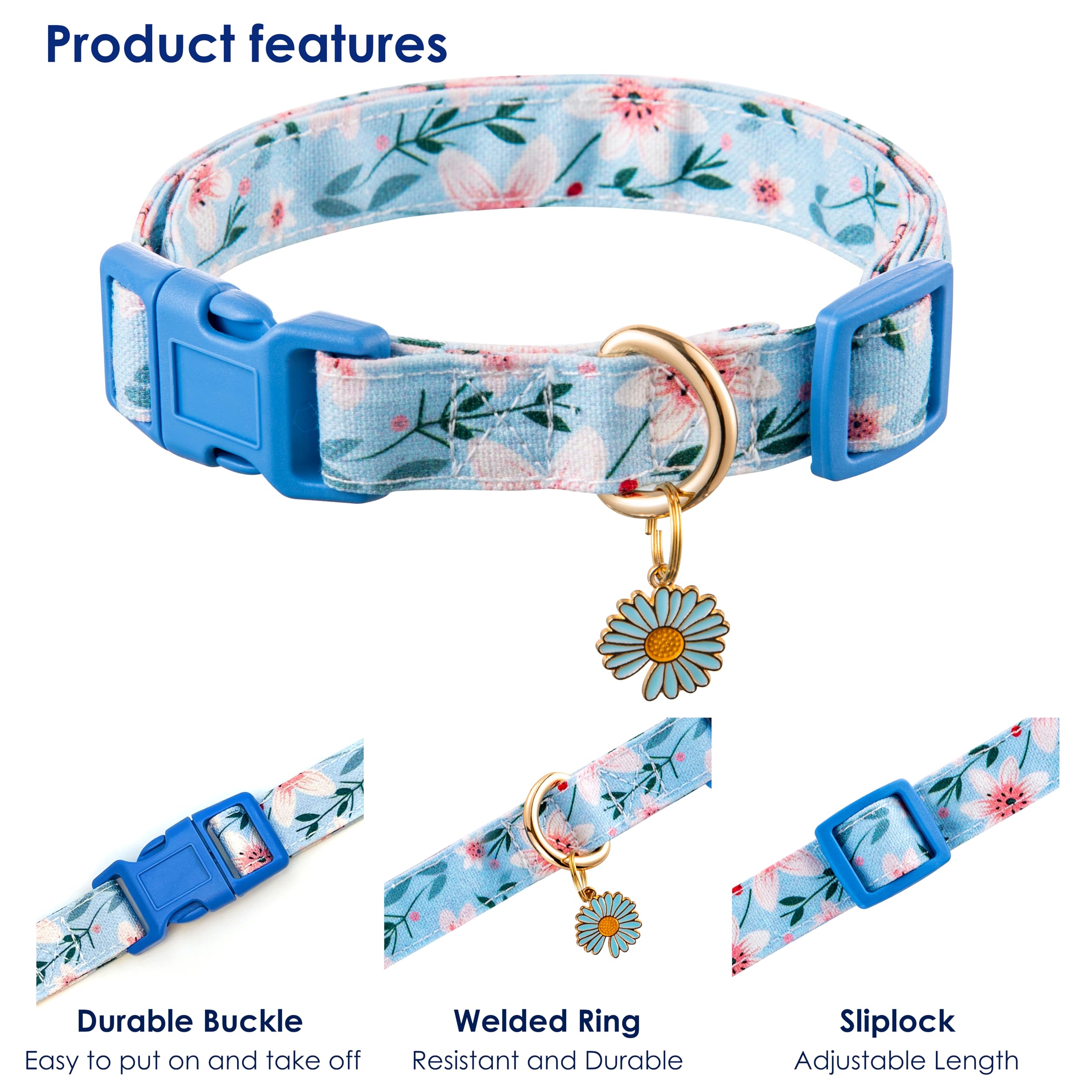 Raisingwell Cotton Dogs Collar Blue Flower Patterns For Boys And Girls Cute Dog Collars Summer Fall Gift Adjustable For Small To
