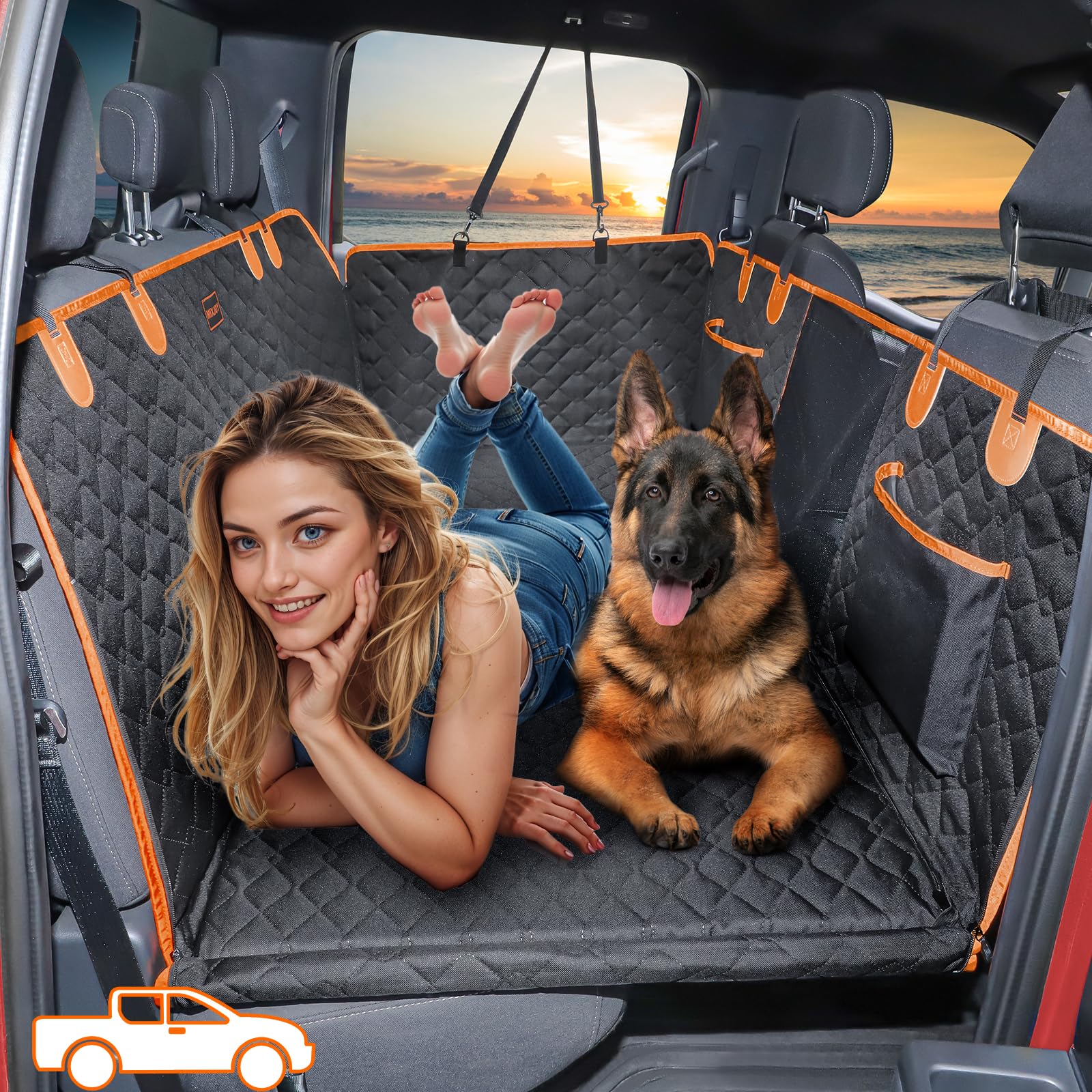 MIXJOY XL Dog Back Seat Extender for Truck, Hard Bottom Dog Car Seat Cover for Back Seat, Waterproof Dog Backseat Cover for Crew