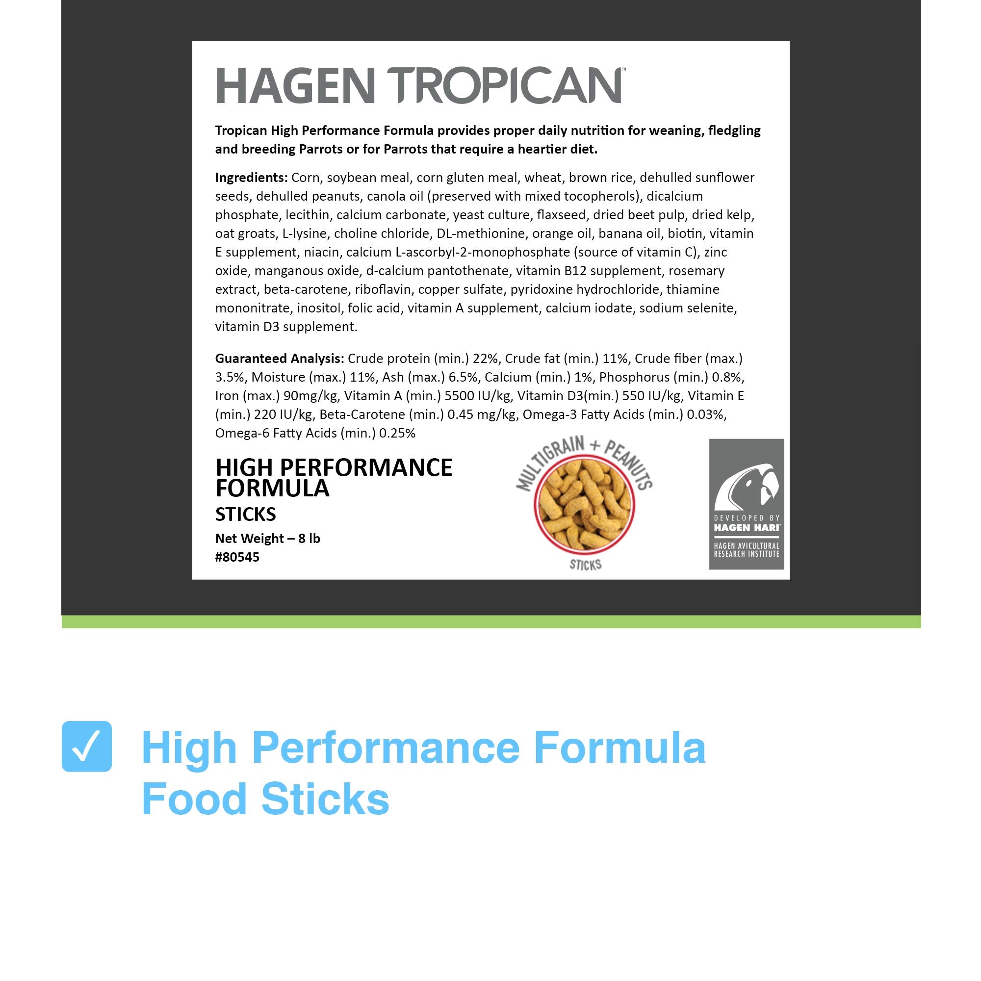 Hari Tropican Bird Food, Hagen Parrot Food Sticks with Peanuts & Sunflower Seeds, High Performance Formula, 8 lb Bag