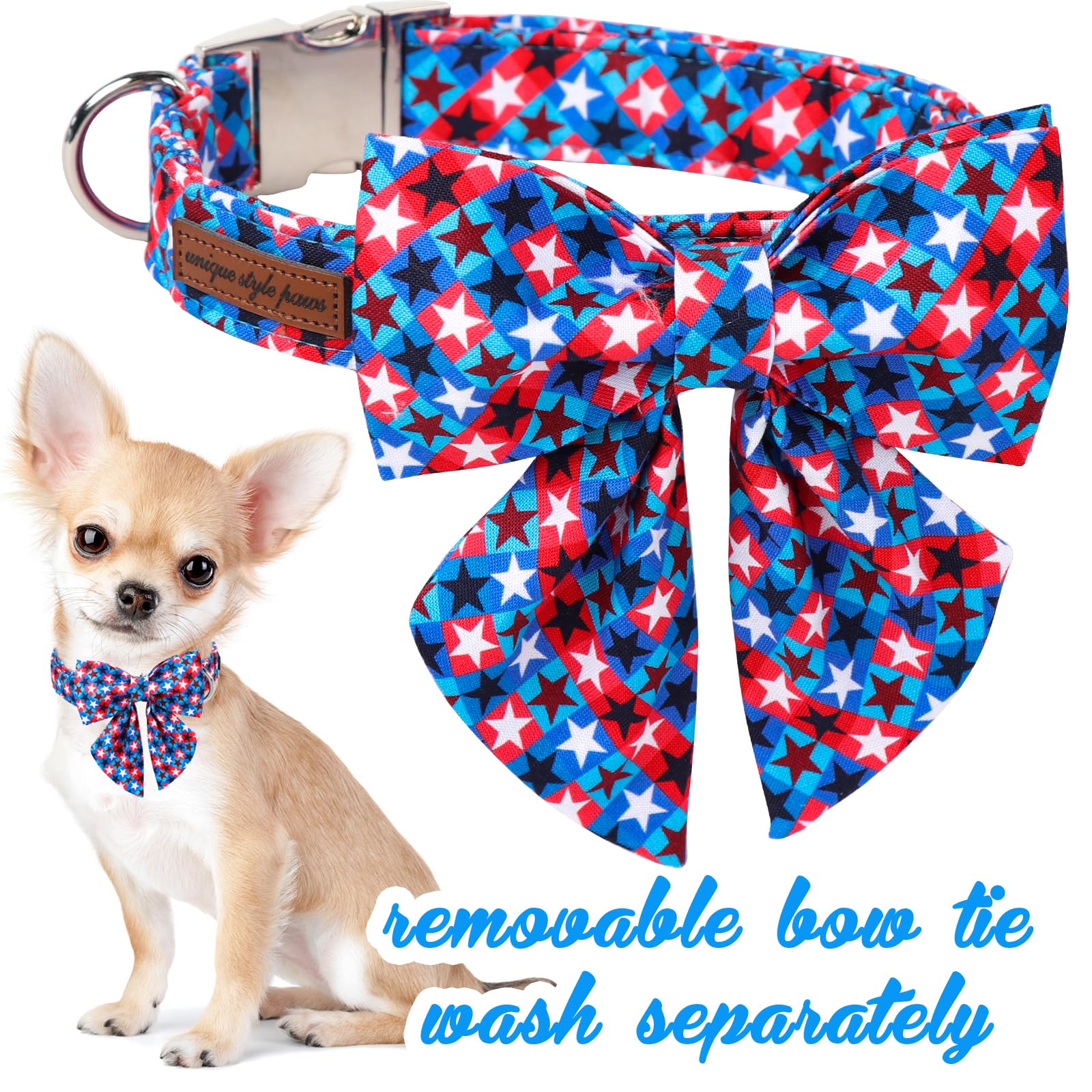 Unique Style Paws 4Th Of July Dog Collar With Bowtie, American Flag Dog Collars With Bow Adjustable Patriotic Puppy Collar For S