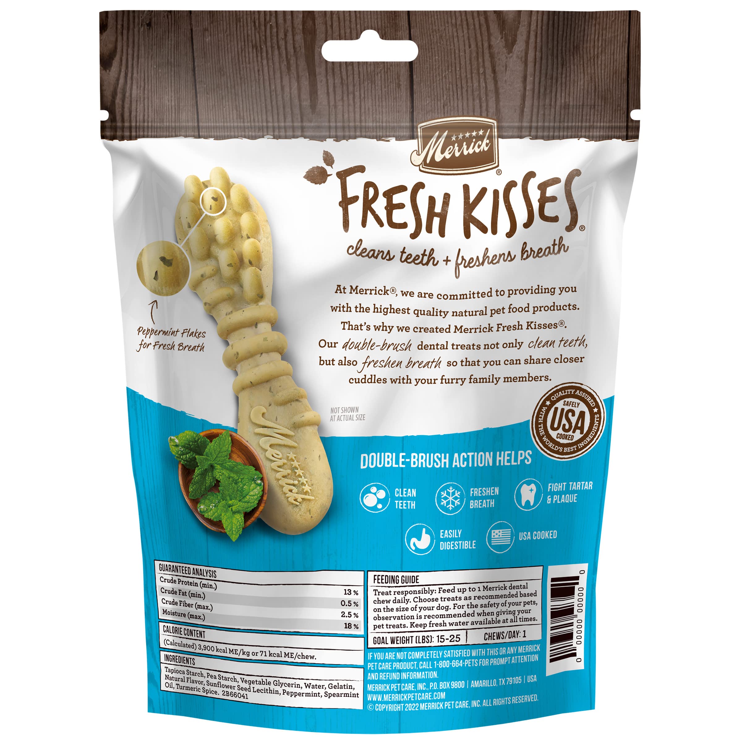 Merrick Fresh Kisses Natural Dental Chews, Toothbrush Treat Shape Infused With Real Mint, Small Dogs 15-25 Lbs - 15 ct. Bag