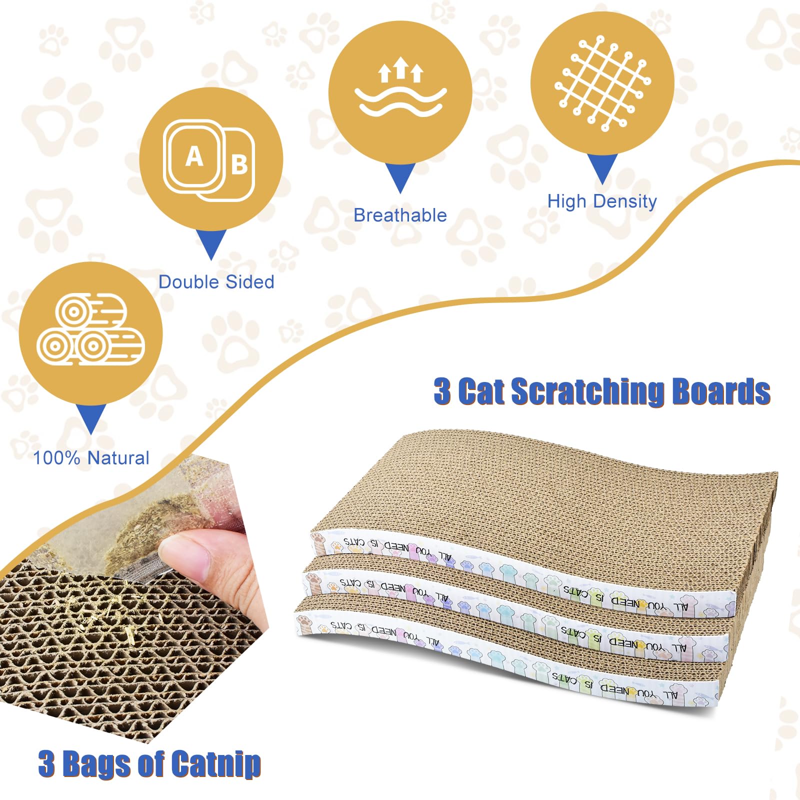Cat Scratching Board 3 Pack Cat Scratching Pad With Catnip Double-Sided Pad With Premium Scratch Textures Design Curved Cat Scra