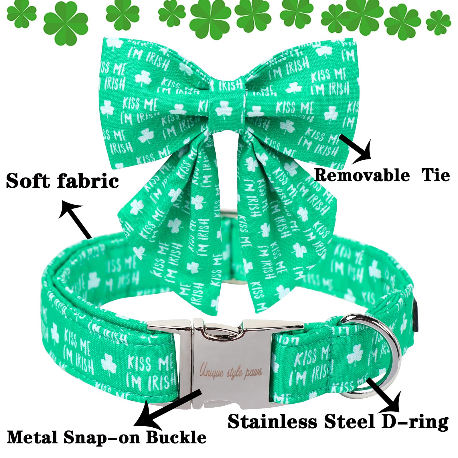 Unique Style Paws St. Patrick'S Dog Collar With Bow Green Clover Dog Collar Bowtie Puppy Collar For Large Medium Small Dogs