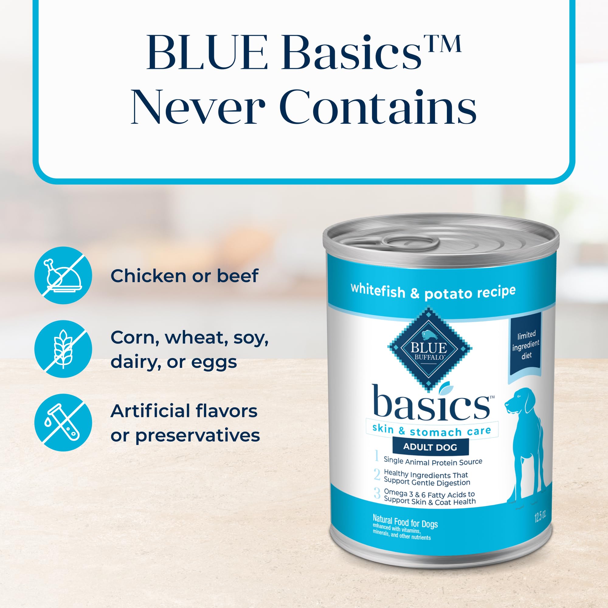 Blue Buffalo Basics Grain-Free Adult Wet Dog Food, Skin & Stomach Care, Limited Ingredient Diet, Whitefish Recipe, 12.5-oz. Can,