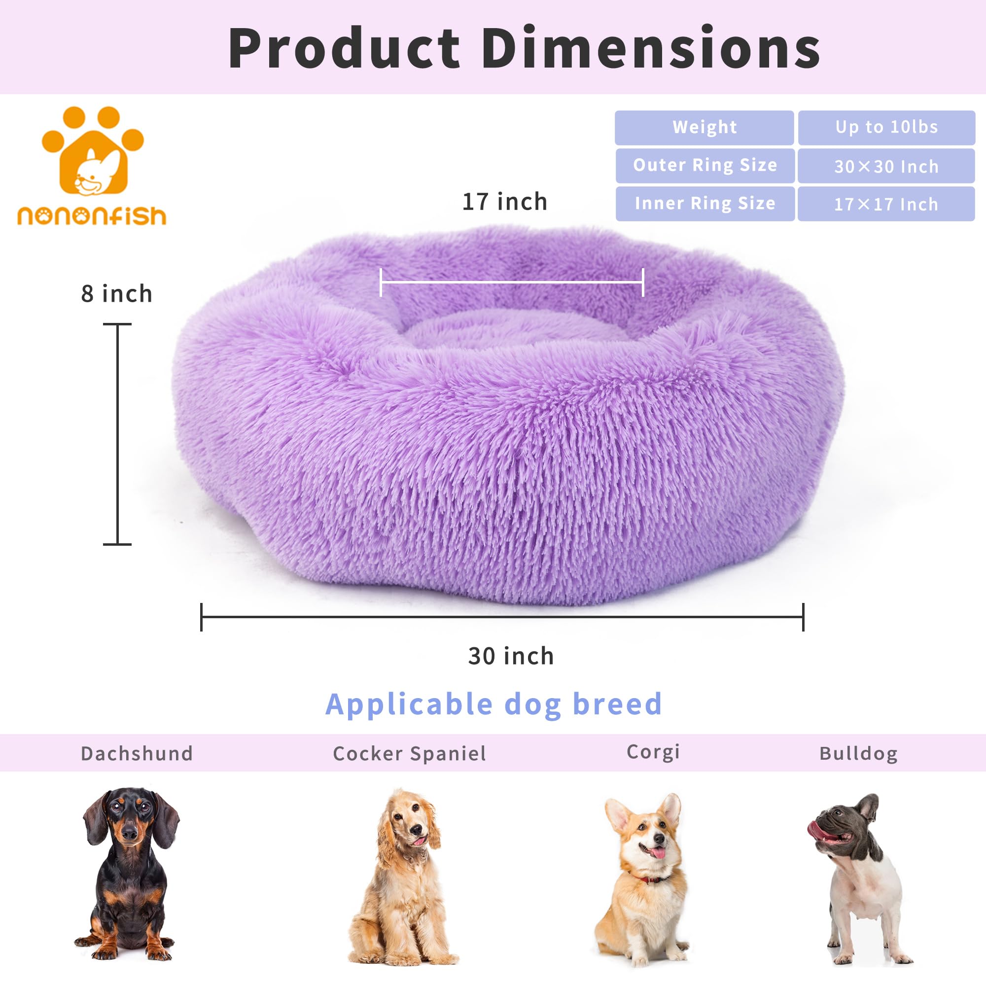 Dog Beds For Medium Dogs Washable 30 Inches Purple Fits Up To 45 Lbs Pets Beds Fluffy Anti Anxiety