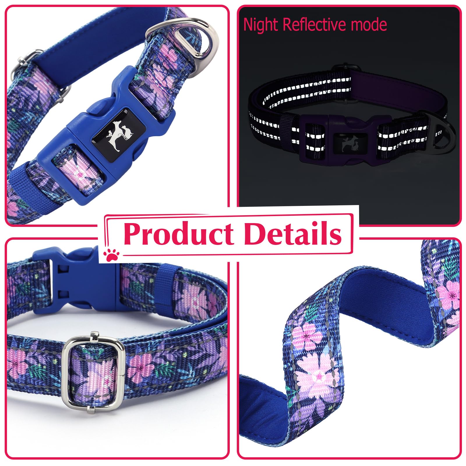 Onefojojo Reflective Dog Collar With Boho Flowers Patterns, Cute Girl & Female Dog Collar Adjustable With Soft Quick Release Col