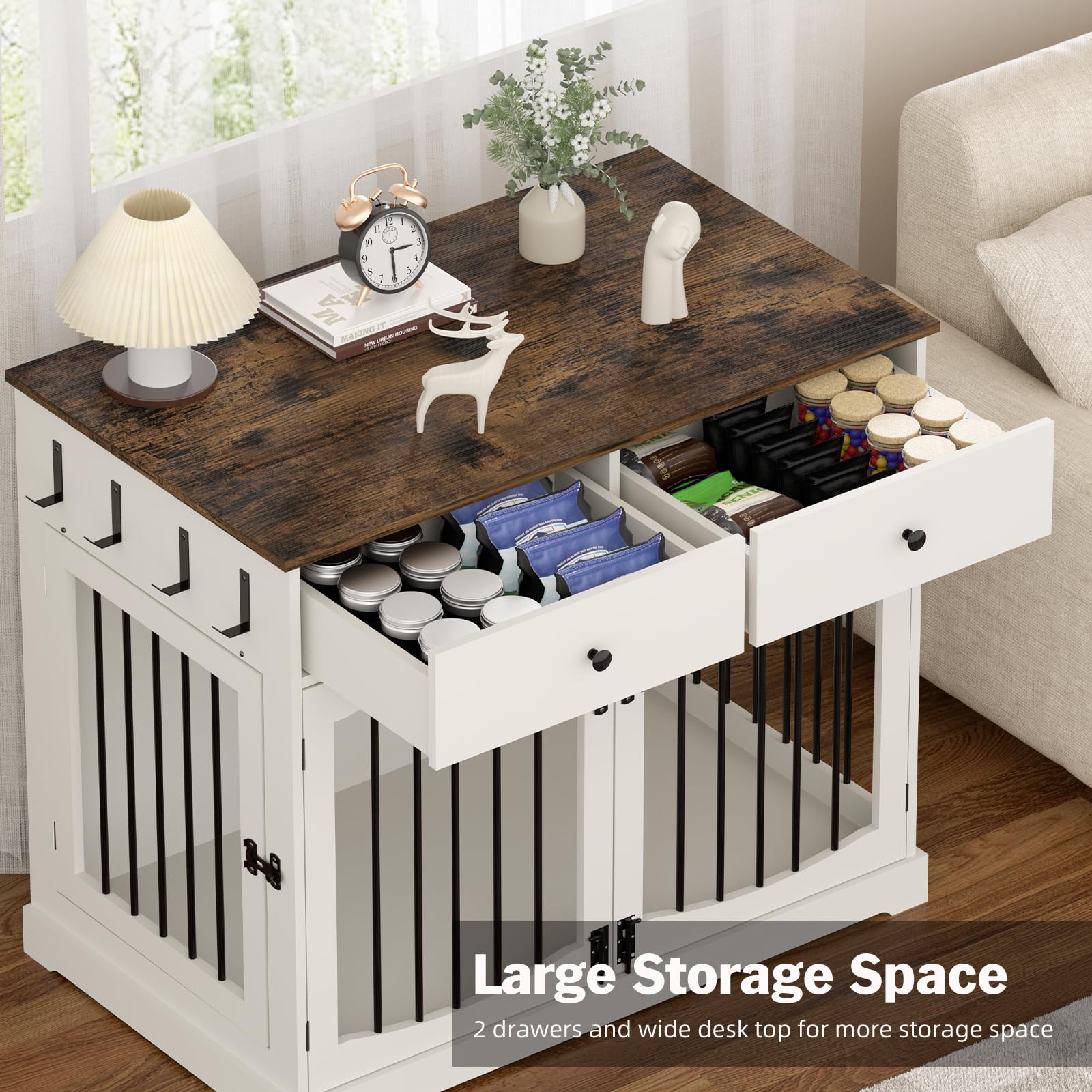 Kucreiheat 40 Inch Furniture-Style Dog Crate-Multipurpose Wood Pet Crate Furniture with Double Doors,2 Drawers, Decorative Dog H