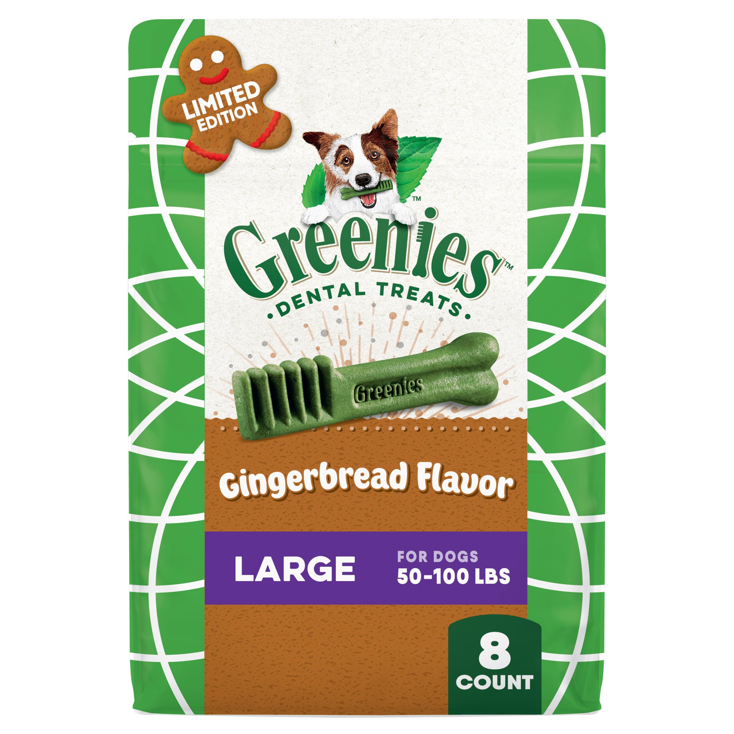 Greenies Large Dental Dog Treats, Gingerbread Flavor, Limited Edition, 12 oz. Pack (8 Treats)
