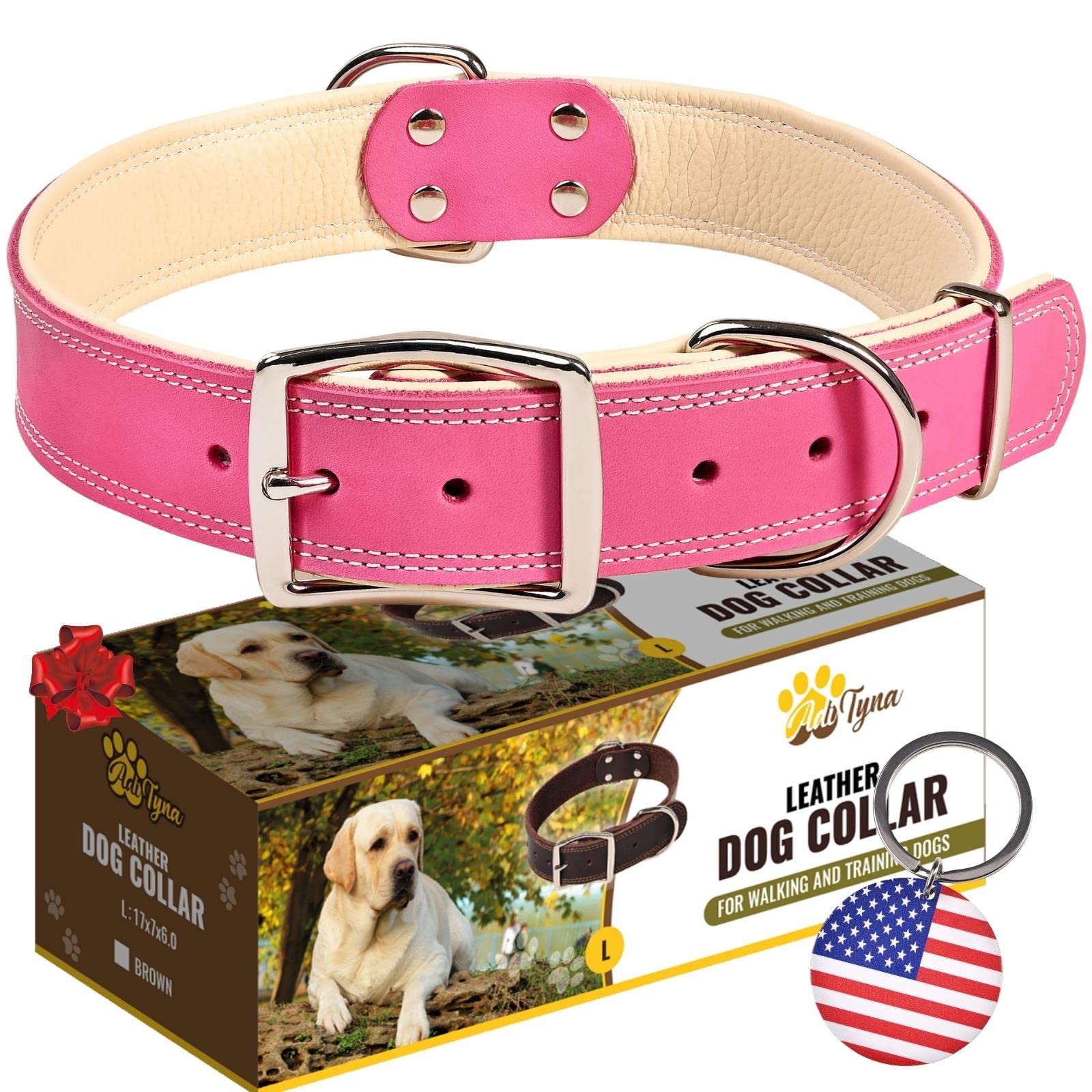 Adityna Heavy Duty Real Leather Dog Collar For Large Dogs - Pink Large Dog Collar - Soft And Strong Thick Dog Collar With Double Metal Buckle