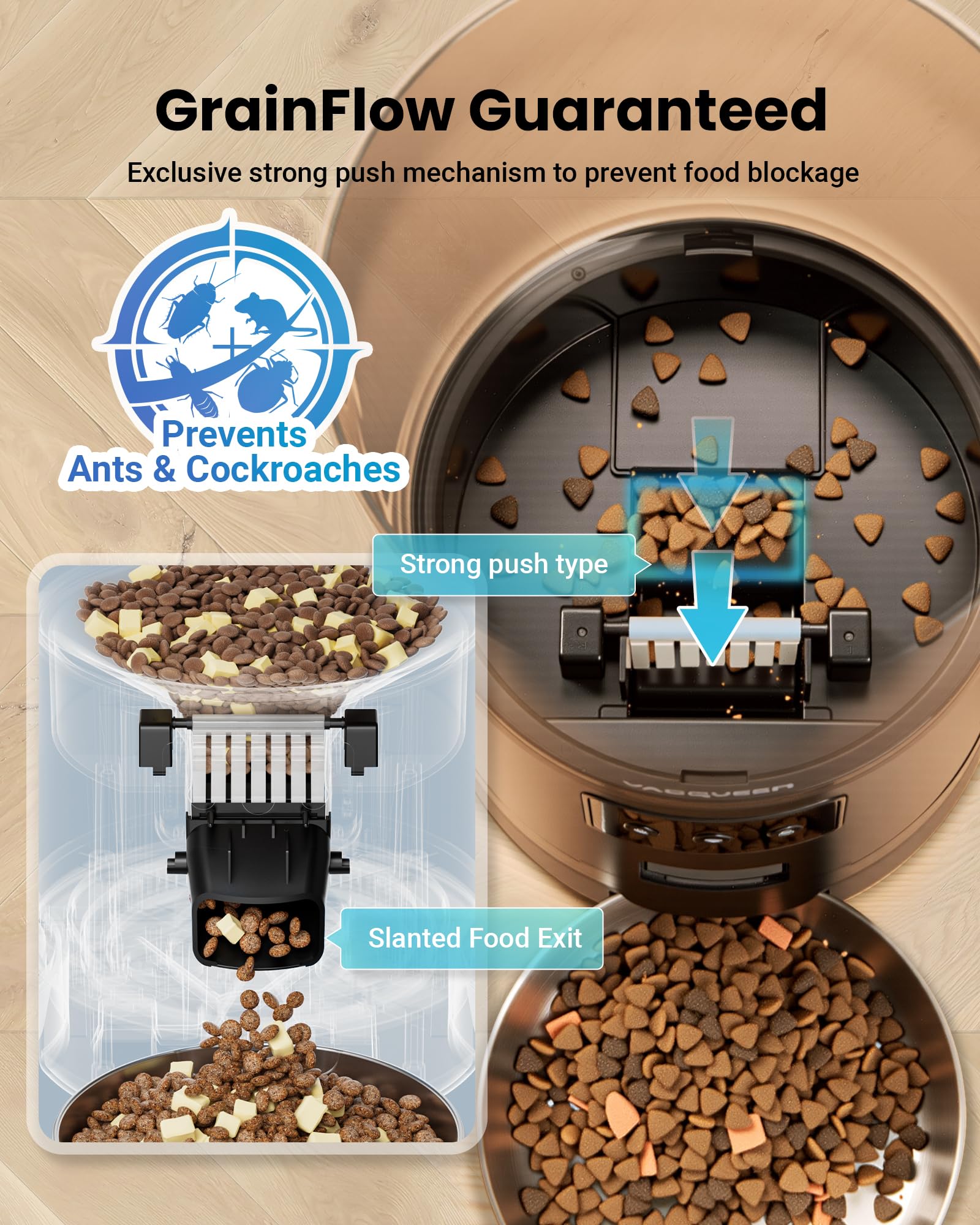 Vacqueen Automatic Cat Feeder for 3 Cats, 6L/25 Cups Smart WiFi Pet Feeder, Strong Anti-Jam System, Dual-Effect Desiccant Cat Fo