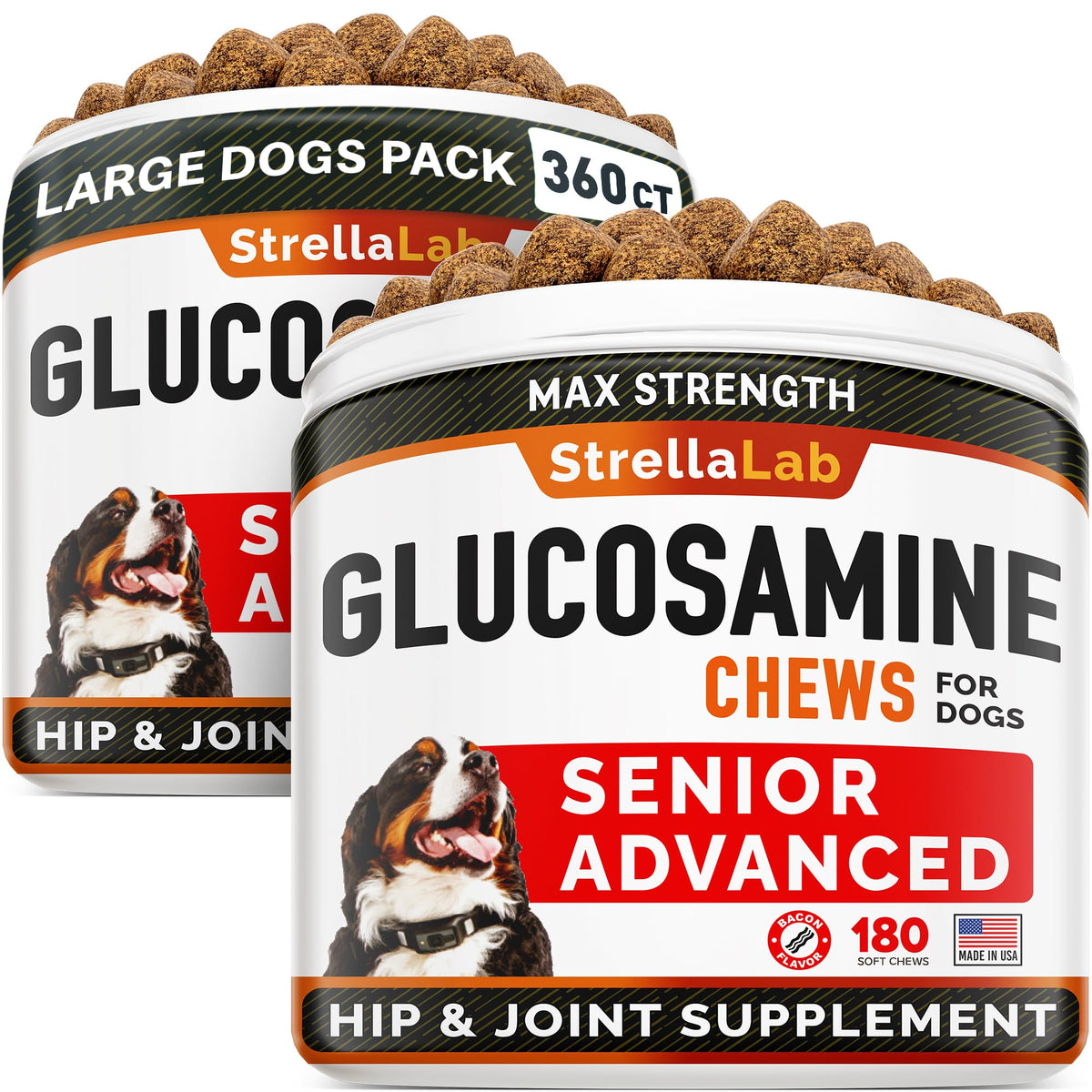 Senior Advanced Glucosamine Chondroitin Joint Supplement For Dogs - Hip & Joint Pain Relief Pills - Large & Small Breed - Hip Joint Chews Canine Joint Health - Chews Older Dogs - Bacon Flavor - 360Ct