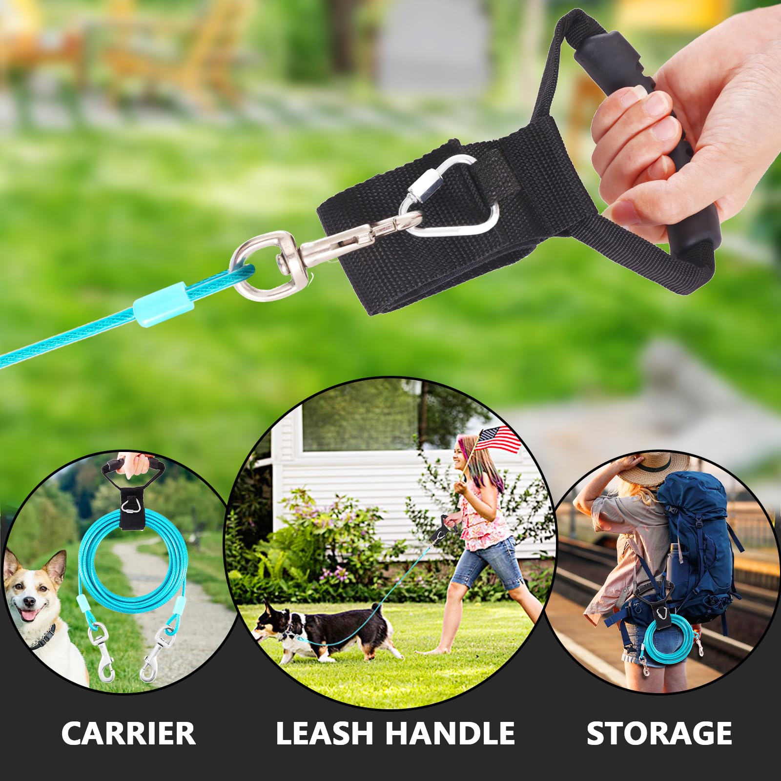 Dog Tie Out Cable And Stake,15Ft Outside Dog Run Cable Leash&Chain With Hand Strap For Camping And Yard, 16'' Heavy Duty Anti Ru