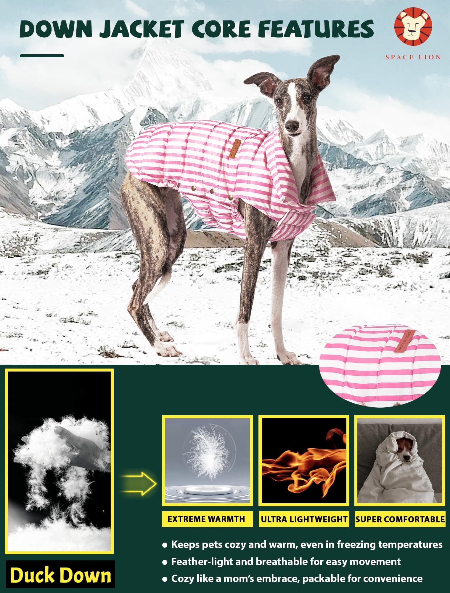 Space Lion Puffer Jacket - Duck Down Dog Coat, Waterproof, Windproof, Lightweight, Adjustable Fit For Small, Medium, And Large D