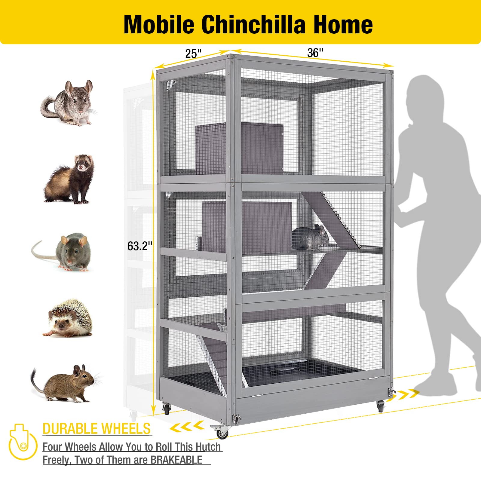 Aivituvin Chinchilla Cage Large Rolling Small Animal Cage For Adult Rats, 4 Level Critter Nation Cage Hutch For Ferret Bunny Ind