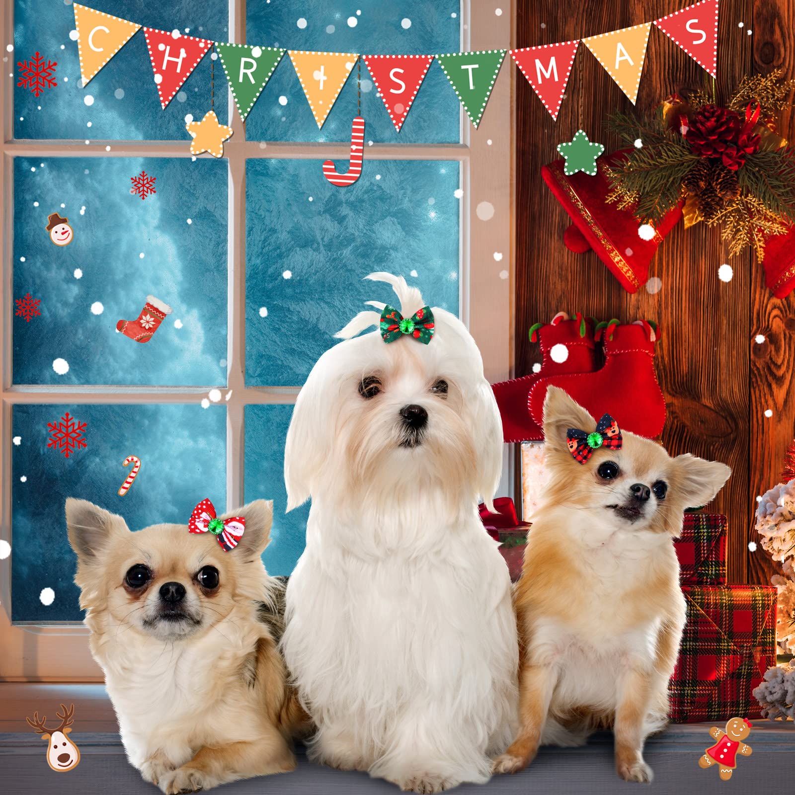Tondiamo 100 Pack Christmas Dog Bows For Dogs Christmas Hair Bows With Rubber Bands Puppy Hair Bows Rhinestone Dog Bows Grooming