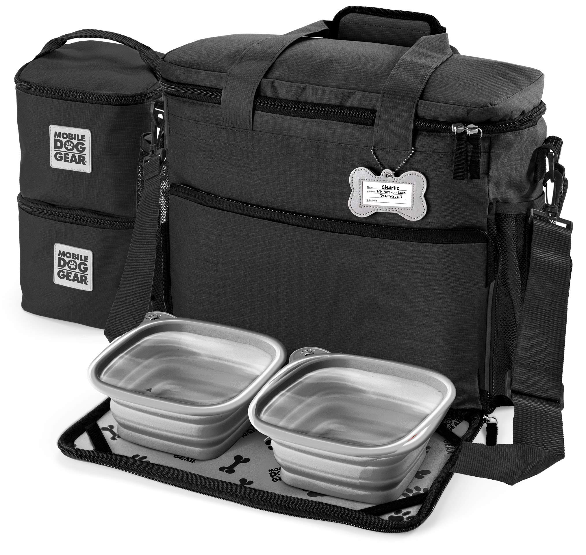 Mobile Dog Gear Week Away Dog Travel Bag (15 x7 x14 , Black) - Includes 2 Pet Food Storage Containers + 2 Collapsible Dog Water 