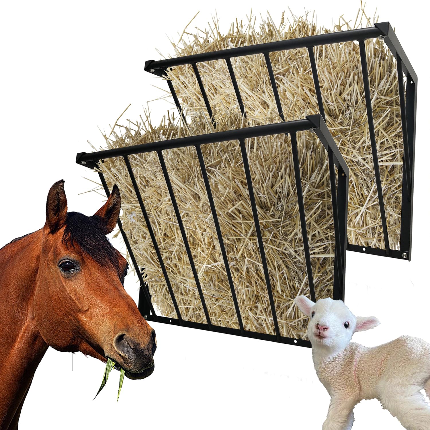 BUYYAH 2Pcs Horse Hay Feeder, 31.5 Long Livestock Hay Feeder with 24 Gallon Large Capacity, Carbon Steel Wall Mounted Hay Rack