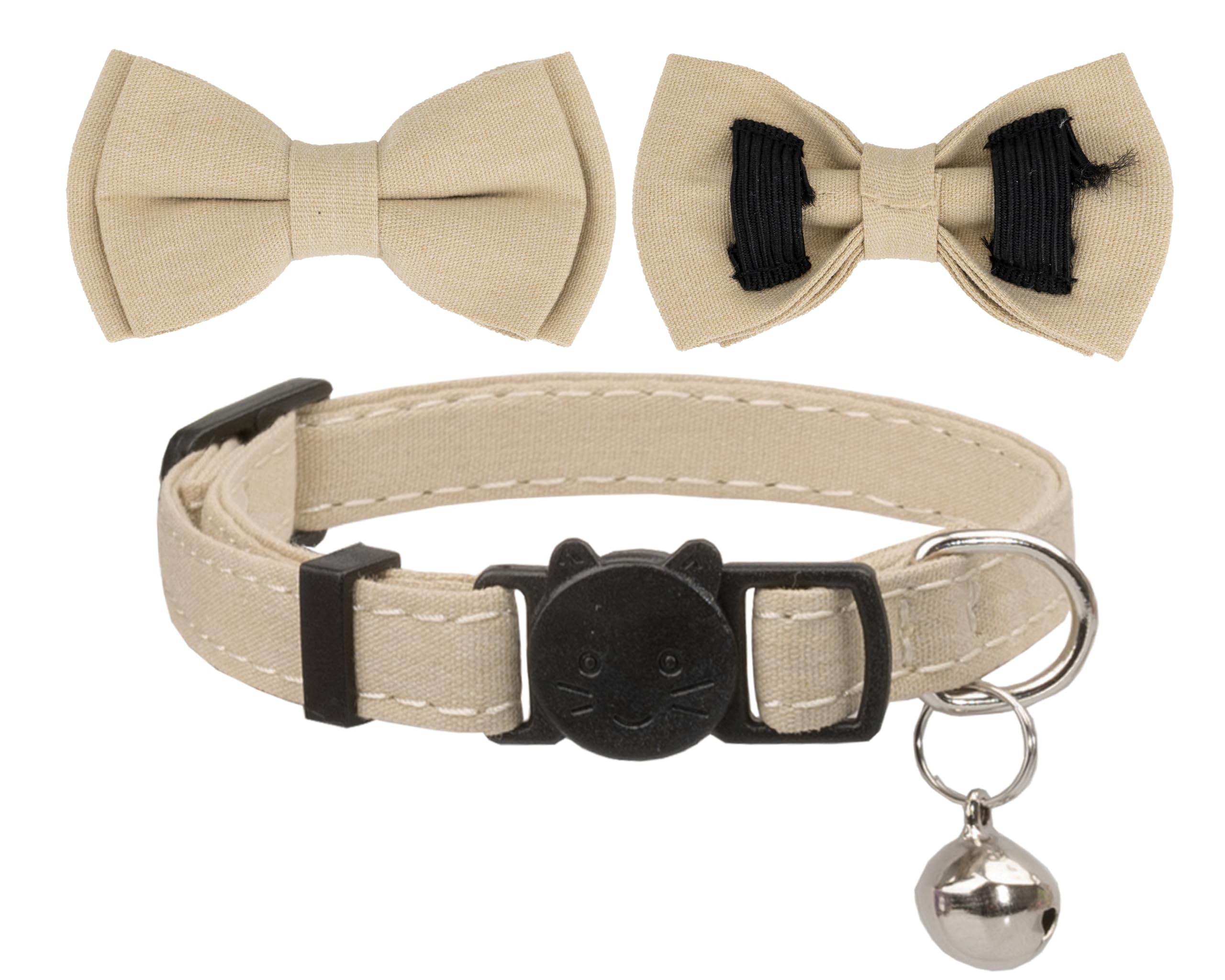 Gyapet Cat Collar Breakaway Bowtie Safety With Bell Adjustbale Kitten Puppy Solid Plaid Color Set D-[2Pcs] Beige