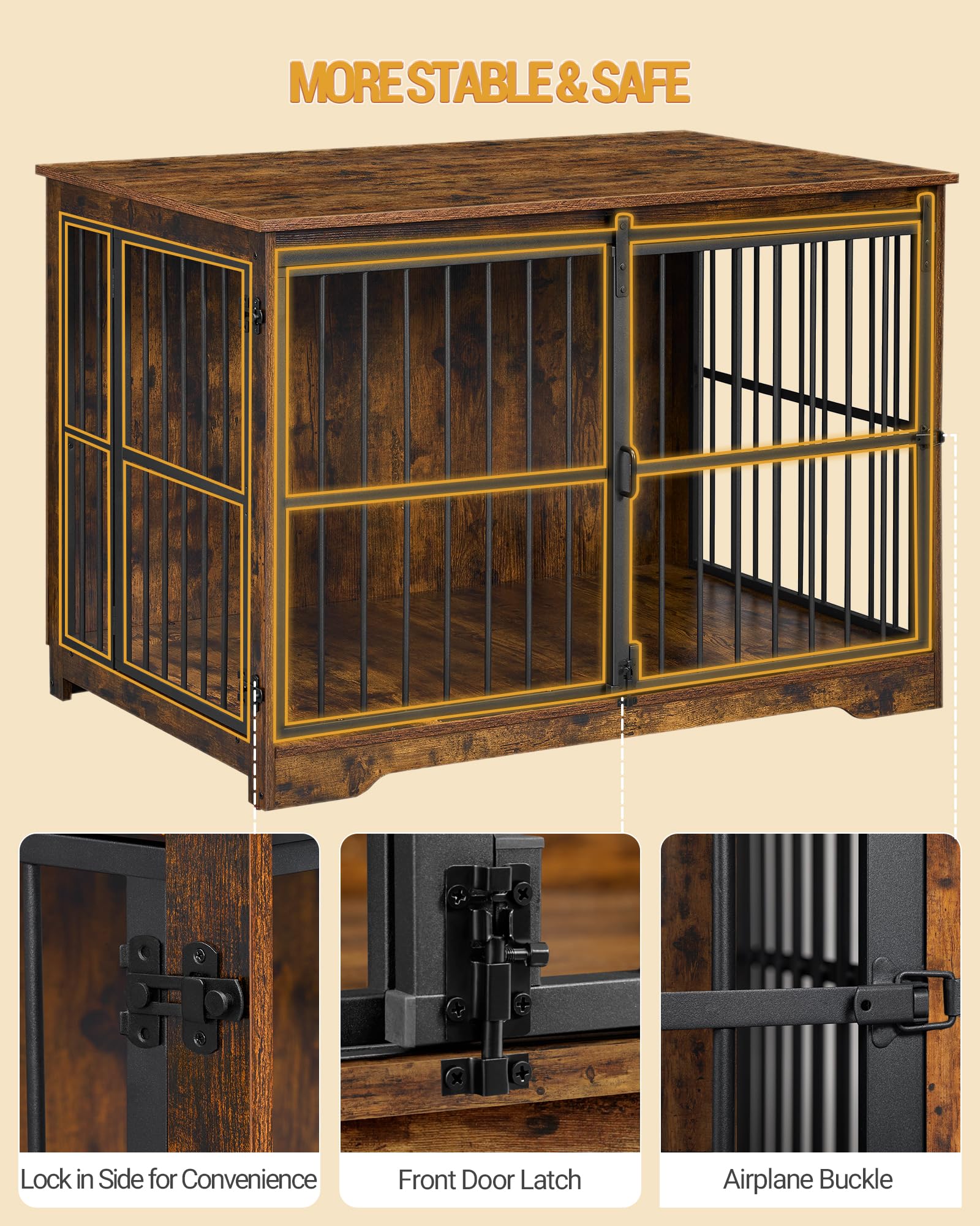 Hzuaneri XL Large Dog Crate Furniture, 44.1 Indoor Dog Kennel Furniture with Barn Door, Wooden Tall Dog Crate, Heavy Duty Dog Ca