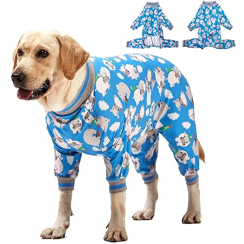 Lovinpet Dog Onesie Large Breed/Cozy Dog Pajamas, Slim Fit, Lightweight Pullover/Full Coverage Dog Pjs/Happy Hippo Blue Print/Large Breed Dog Pjs/Large