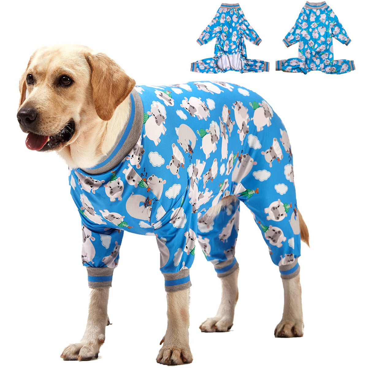 Lovinpet Dog Onesie Large Breed/Cozy Dog Pajamas, Slim Fit, Lightweight Pullover/Full Coverage Dog Pjs/Happy Hippo Blue Print/Large Breed Dog Pjs/Large