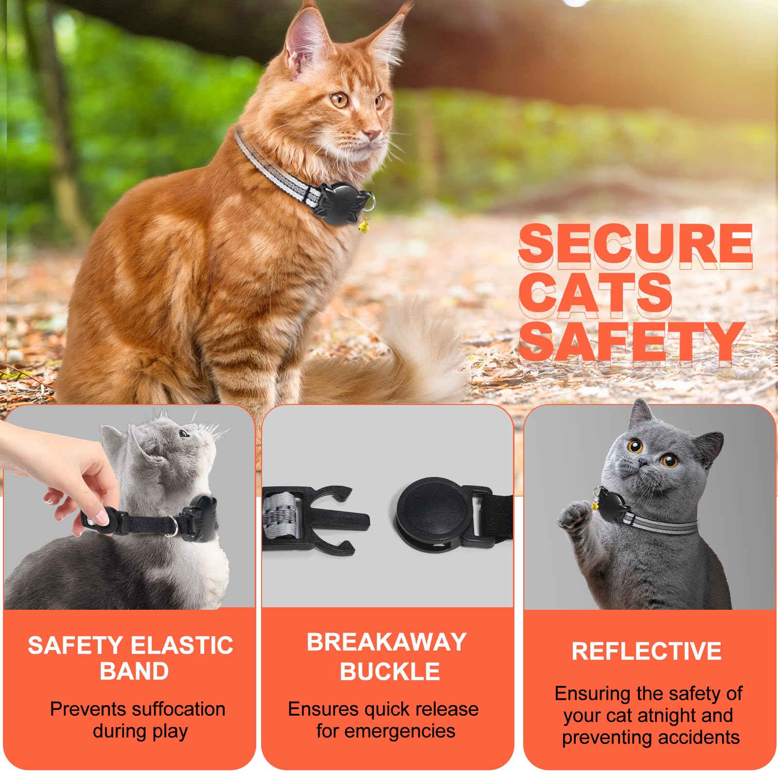 Domiphie Airtag Cat Collar - Integrated Cat Collar With Bells & Airtag Holder, Lightweight Reflective Cat Tracker Collar, Breaka