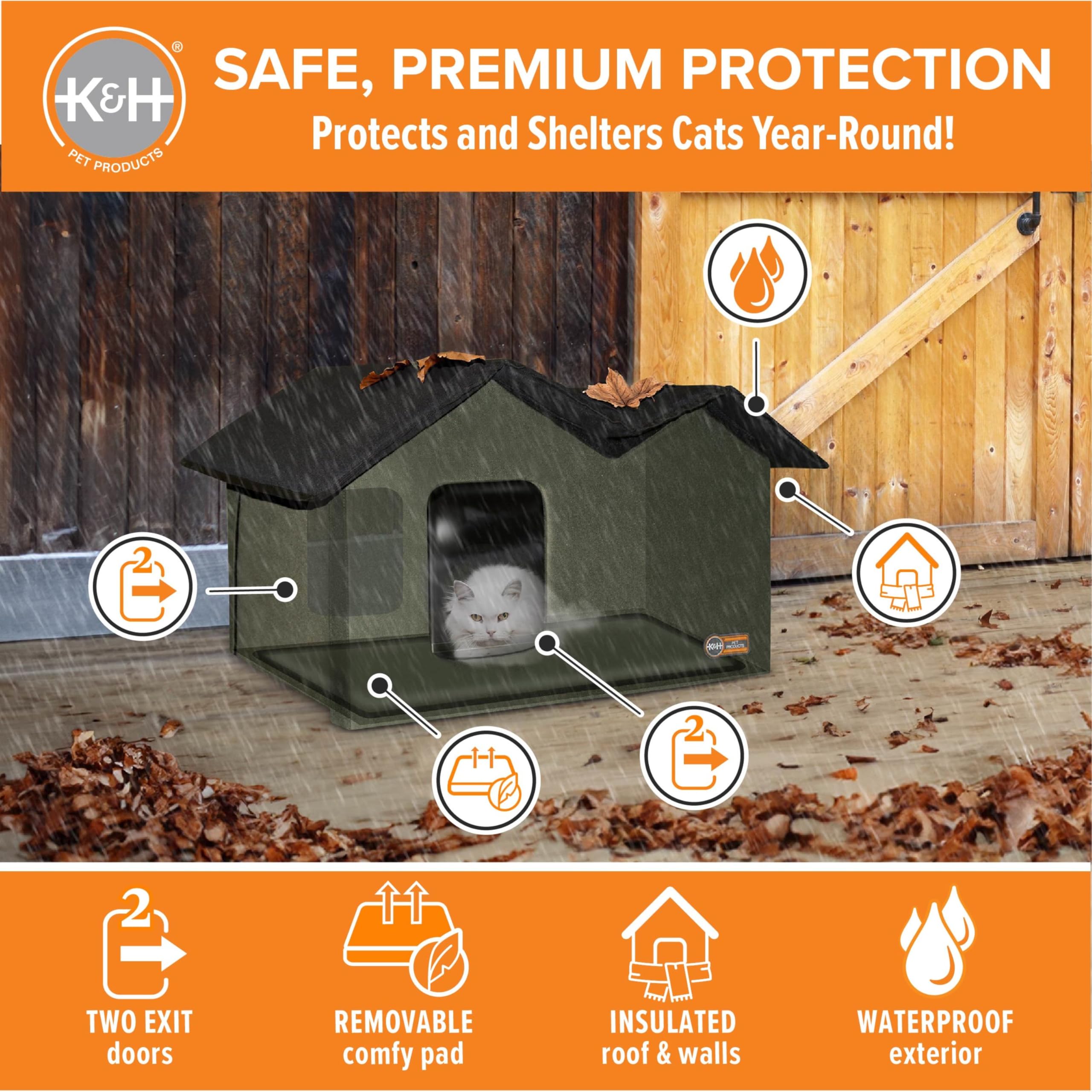 K&H Pet Products Outdoor Cat House Extra-Wide Unheated Cat Shelter For Two, Olive, 26.5 X 21.5 X 15.5 Inches