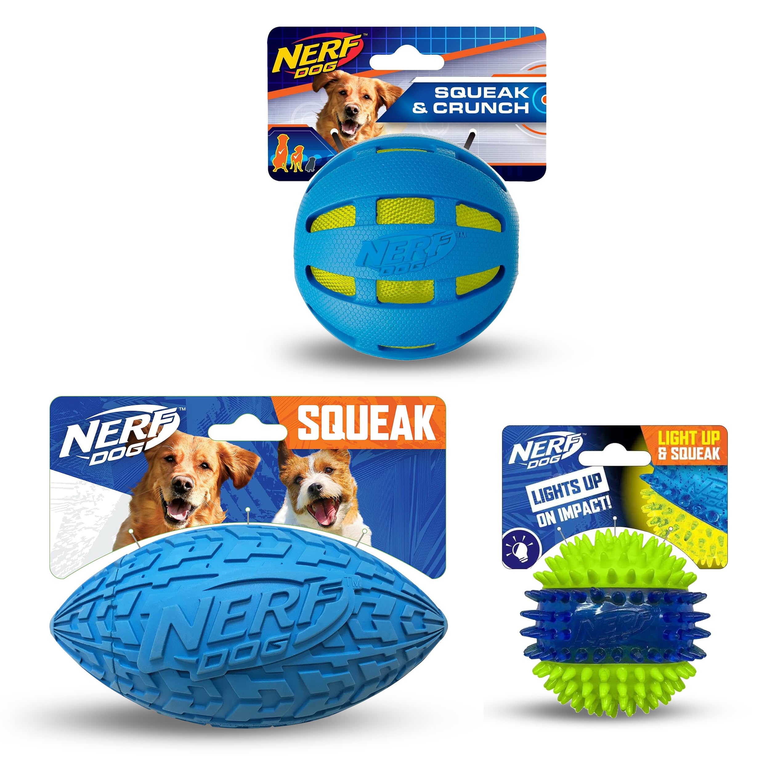 Nerf Dog Toy Gift Set, 3-Piece Set Of Outdoor Dog Toys For Fetch, Includes Checker Crunch Ball, Spike Led Squeak Ball And Tire S