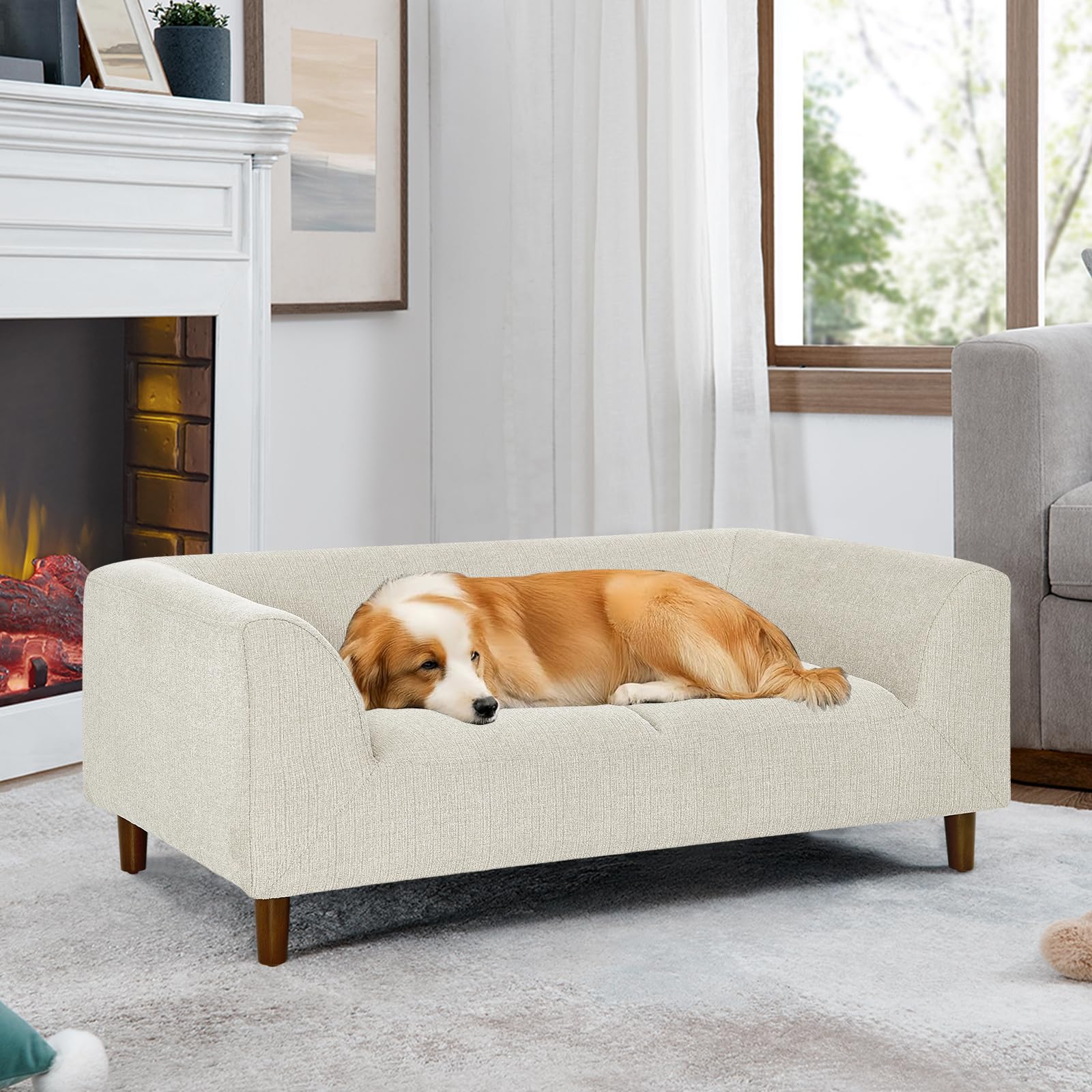 Dog Bed For Large Dogs Up To 50 Lbs, 28'' W Memory Foam Dog Sofa Bed, Modern Elevated Dog Couch Bed With Wooden Legs, Rectangle 