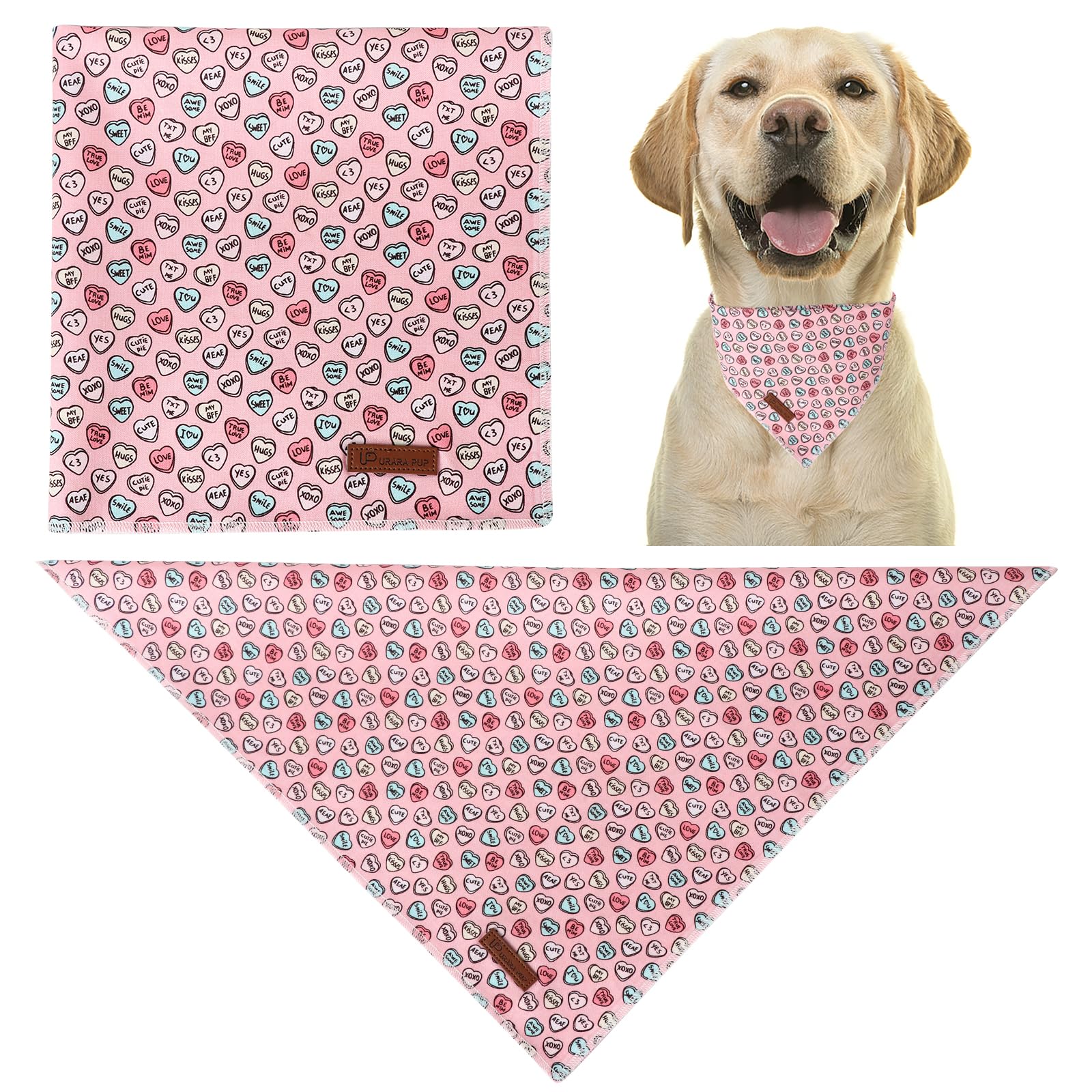 Up Urara Pup Valentine Dog Bandana - Pink Heart Triangle Bid Scarf For Small & Medium Dogs, Cotton Kerchief For Girls & Boys, Re