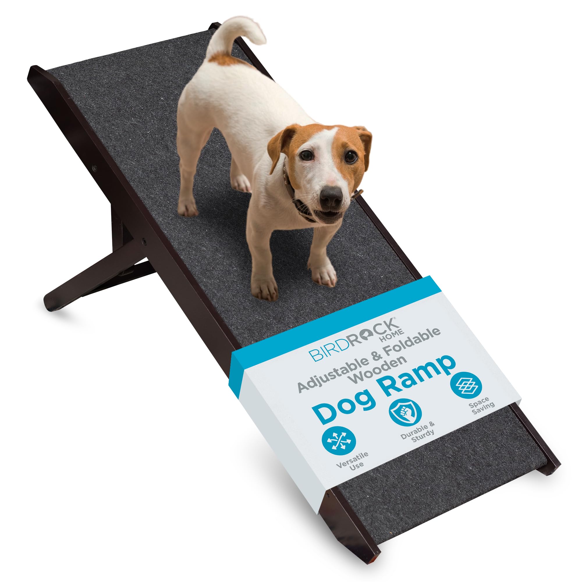 Birdrock Home Adjustable Pet Ramp For Small Dogs, Cats, Puppies - Foldable Wooden Dog Ramp For Couch, Bed, Car - Indoor Or Outdoor- Safe, Portable, Non-Slip Carpet - 16', Espresso