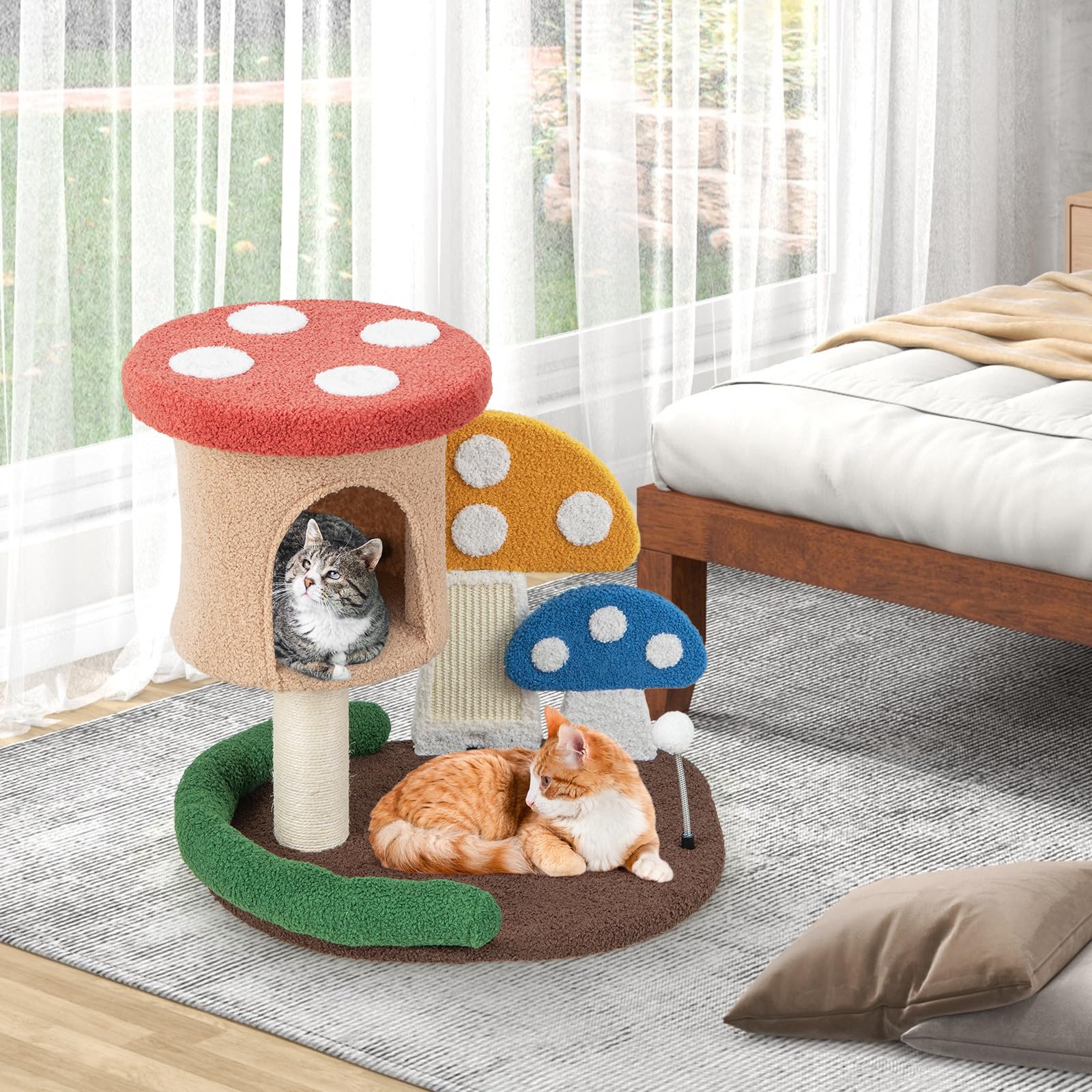 Petsite Mushroom Cat Tree, Modern Small Cat Tower With Natural Sisal Scratching Post & Board, Cat Condo And Teasing Spring Ball,