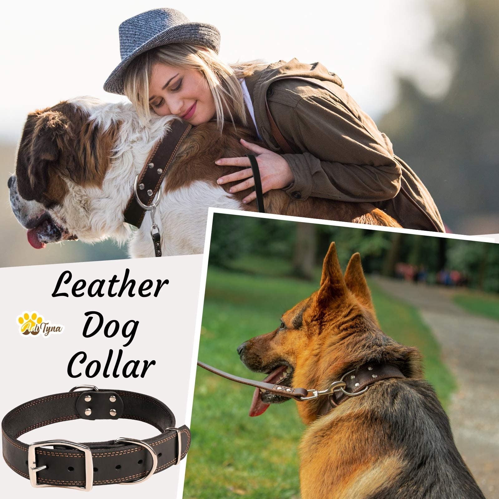 Adityna Heavy Duty Leather Dog Collar For Extra-Large Dogs - Black Xl Dog Collar - Soft And Strong Big Dog Collar (Extra-Large, Black)