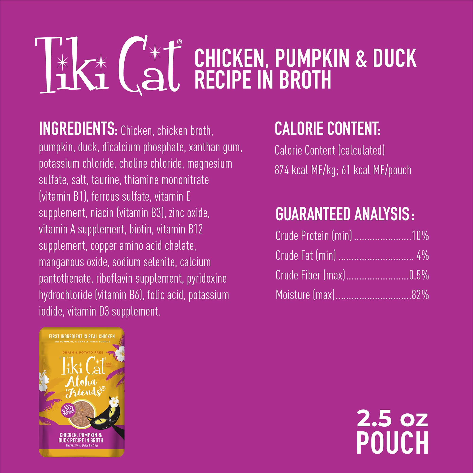 Tiki Cat Aloha Friends, Chicken, Pumpkin & Duck, Grain-Free & High Moisture, Wet Cat Food for All Life Stages 2.5 oz. Pouch (Pac