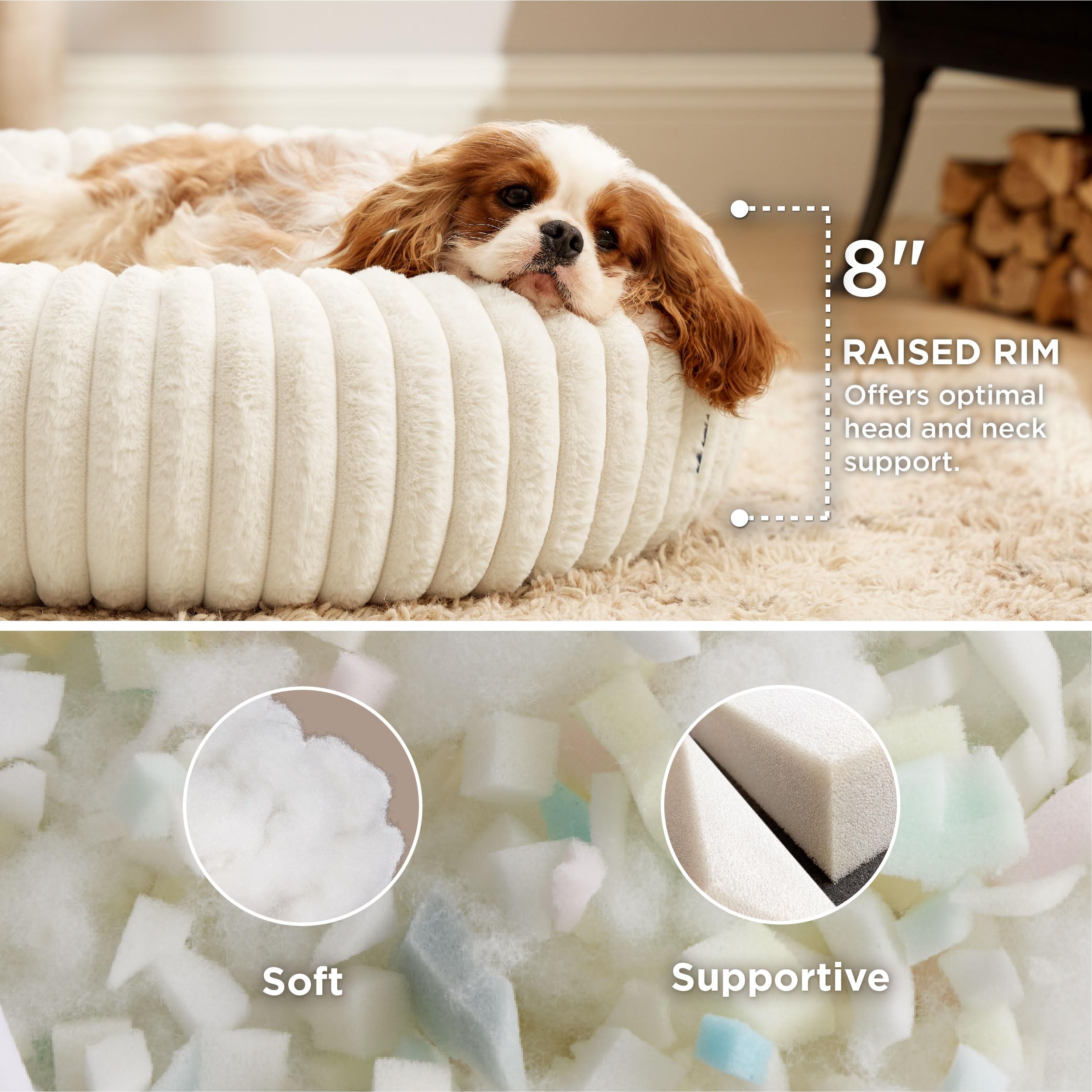 Bedsure ComfyFleece Donut Dog Bed, Medium 30x30x8 inches, Washable Faux Fur, Cream, Anti-Slip Bottom, Model BB4T9A9W0