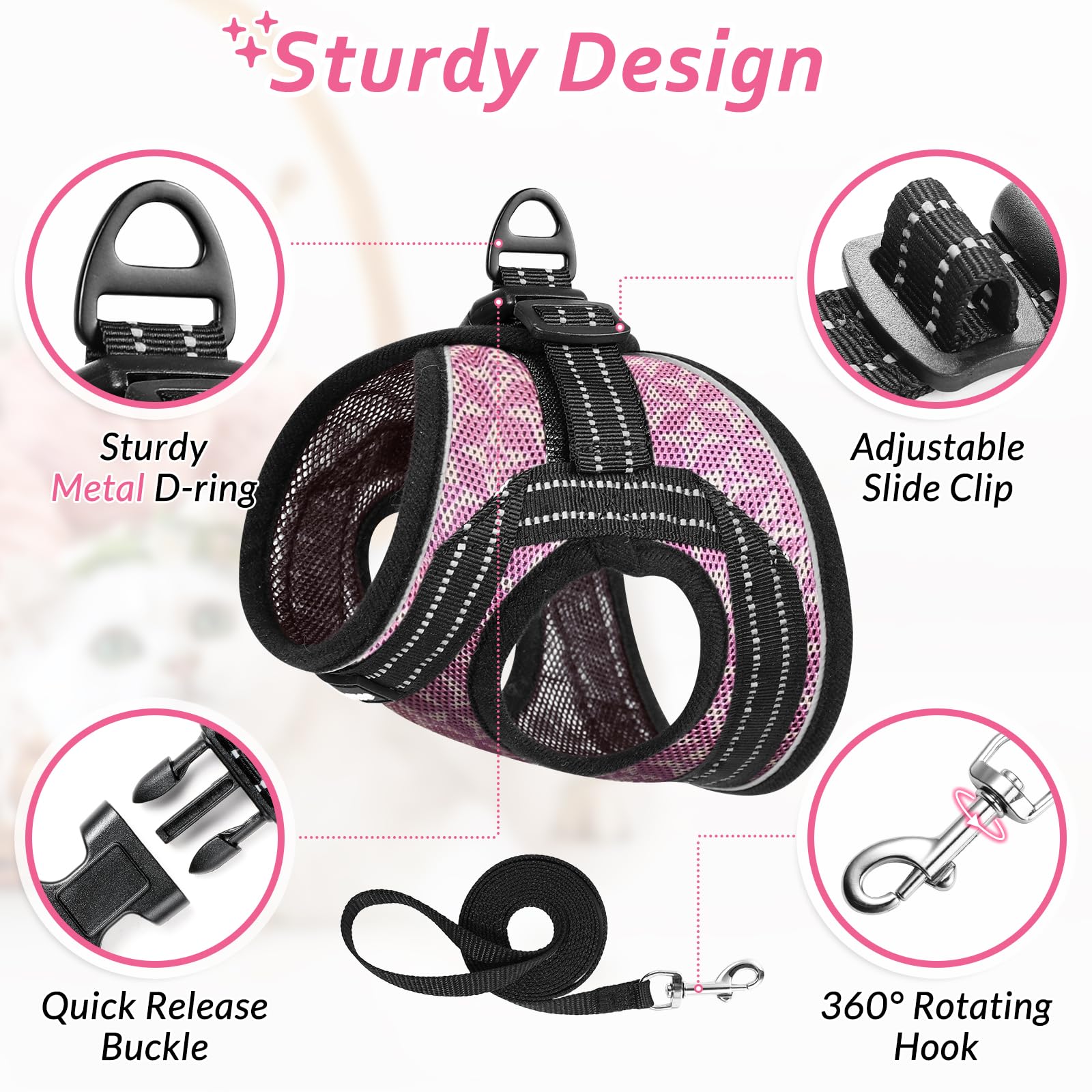 Catromance Cat Harness And Leash Set Escape Proof For Walking, Safe Adjustable Small Large Kitten Vest With Reflective Strip For Kitty, Easy Control Comfortable Soft Outdoor Harnesses, Pink, Large
