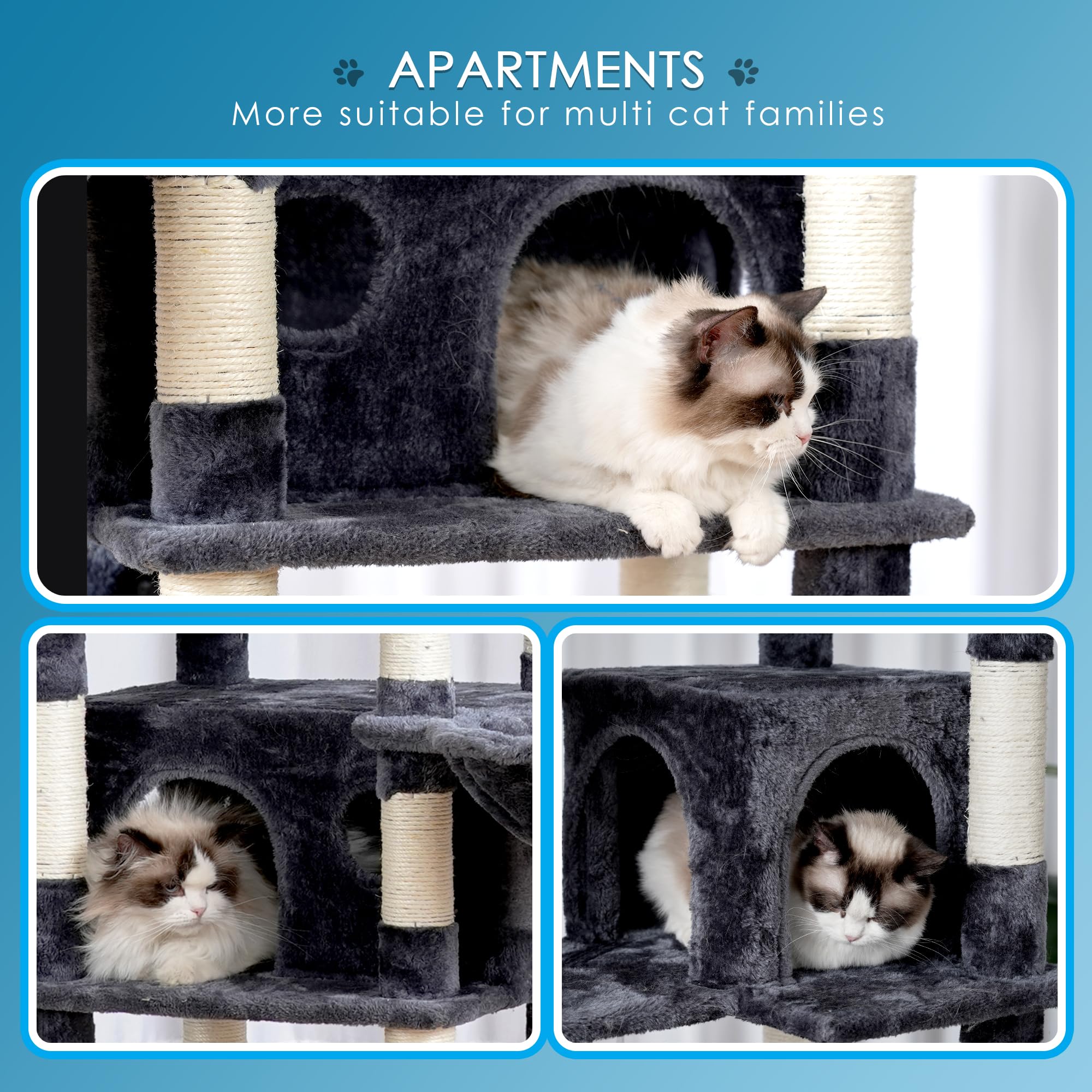 Hey-Brother Cat Tree, 74 Inches Multi-Level Xl Large Cat Tower For Indoor Cats With Three Cat Condos, Two Large Top Decks And Ca