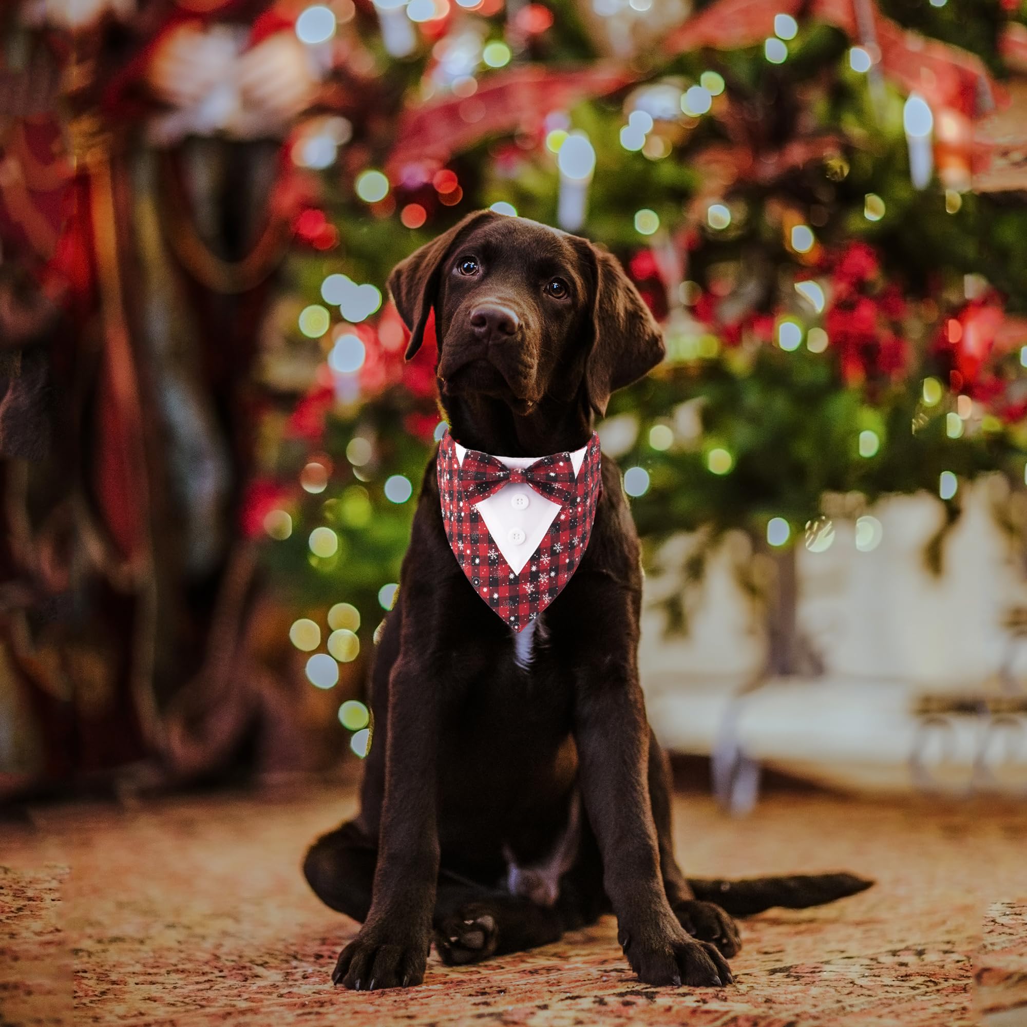Adoggygo Christmas Dog Tuxedo Bandana, Red Plaid Pet Chritstmas Tux With Bowtie Adjustable Christmas Formal Costume For Medium D