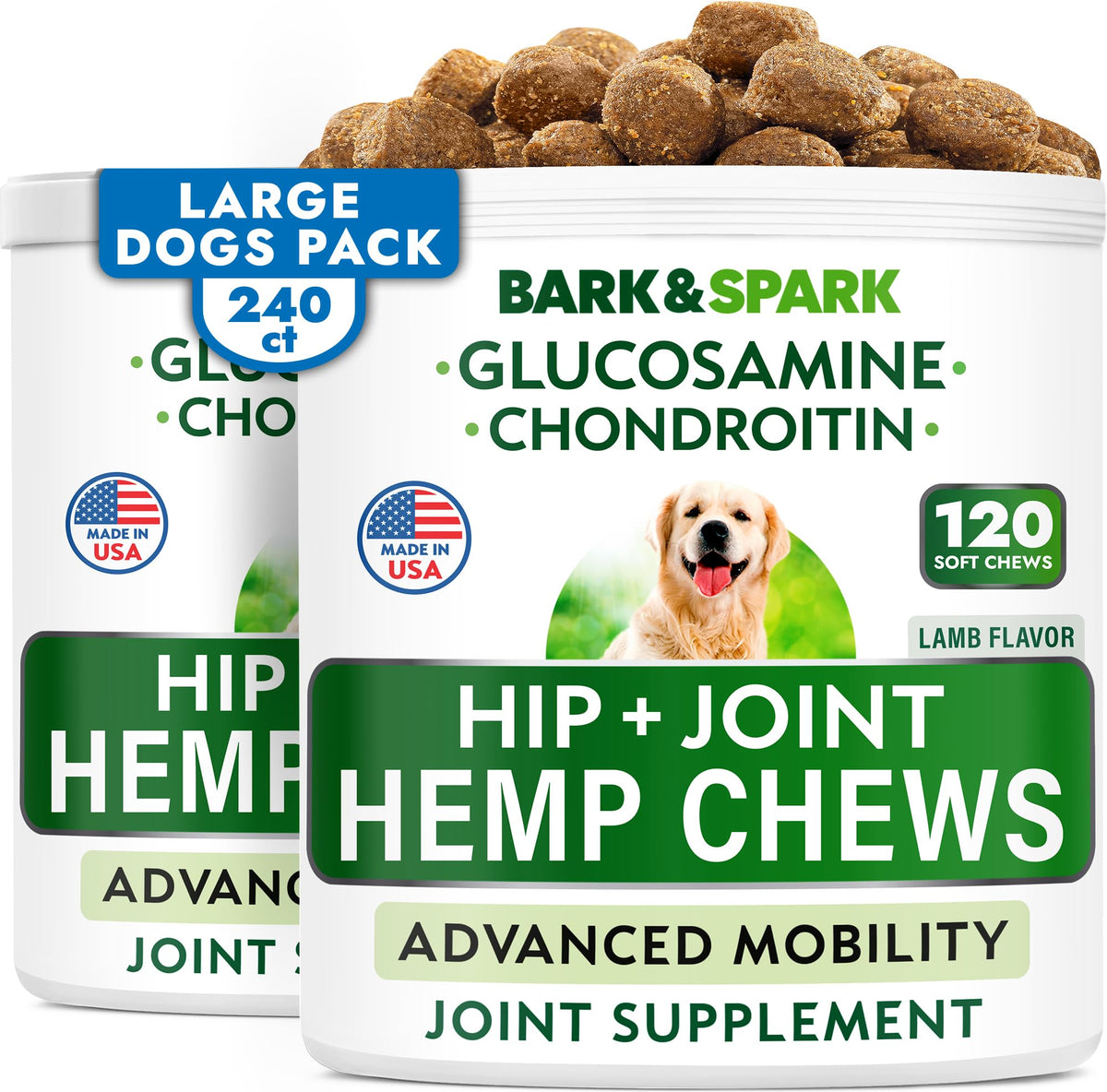 Bark&Spark Hemp Treats + Glucosamine - Natural Joint Pain Relief - Hip & Joint Supplement W/Msm + Chondroitin + Hemp Oil + Omega