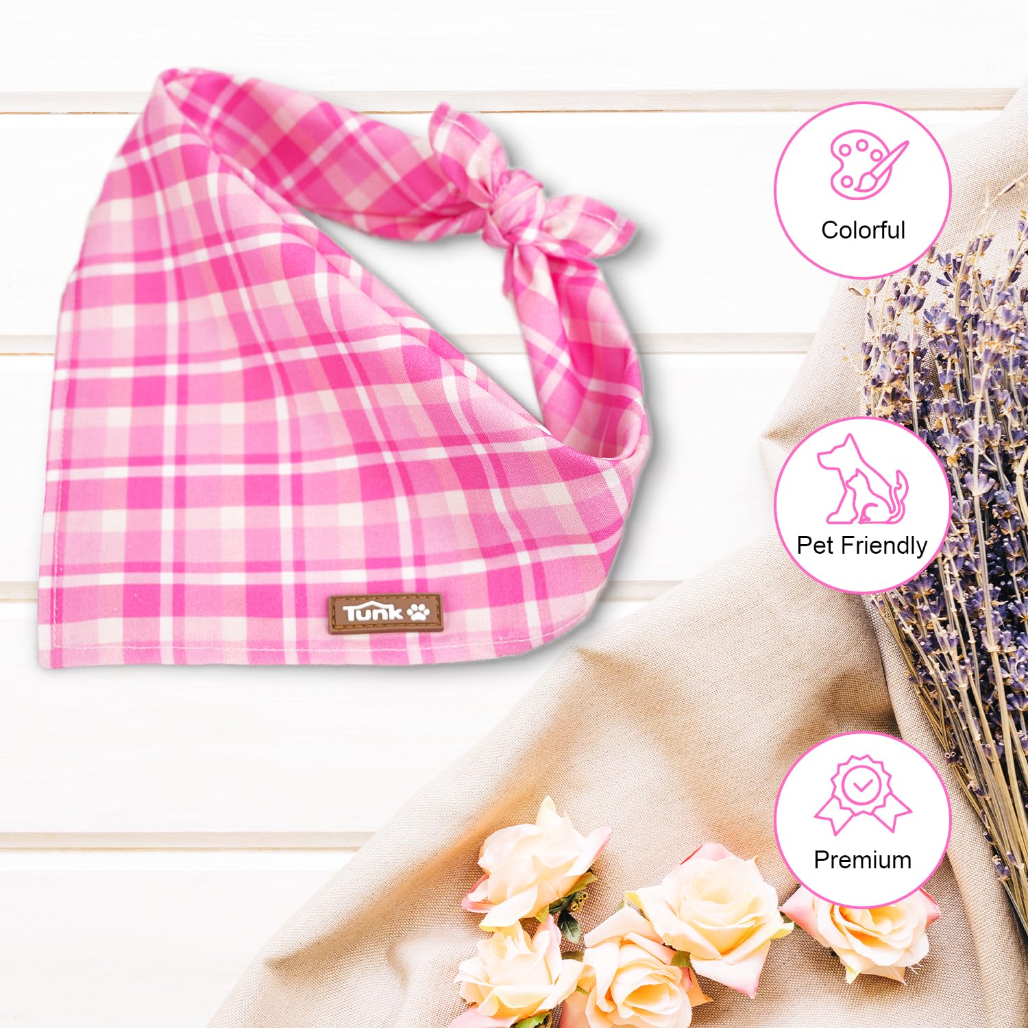 Tunkoo Dog Bandana Super Cute Pink Plaid Cotton Dog Scarf - Durable And Stylish Adjustable For Girl Small And Large Square Puppy