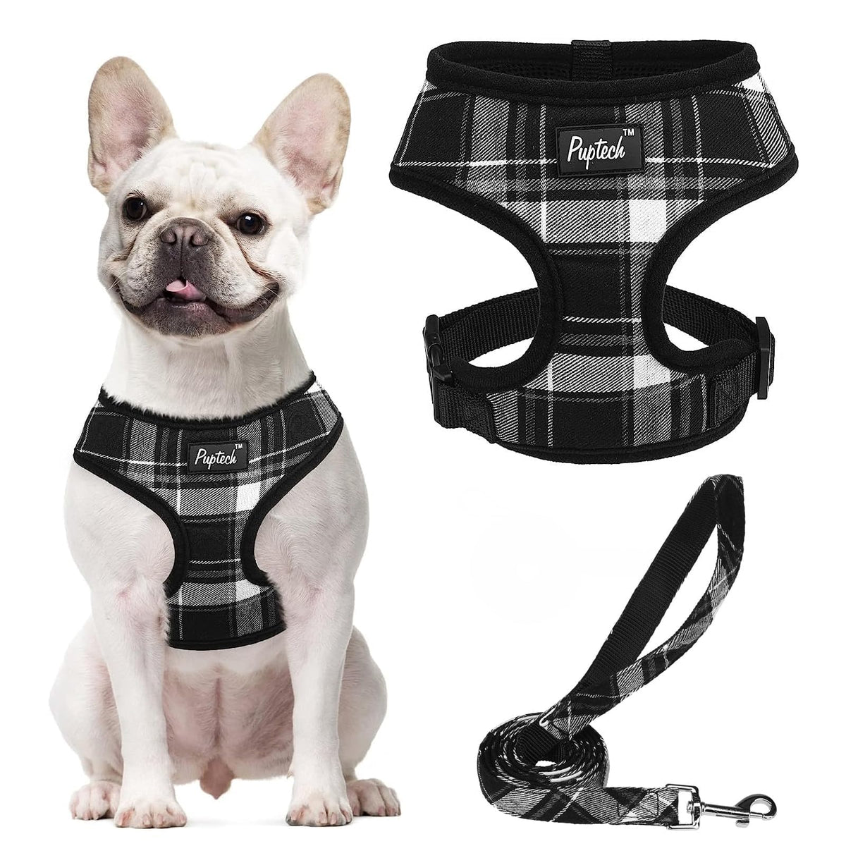 Pupteck Soft Mesh Dog Harness And Leash Set Pet Puppy Cat Comfort Padded Vest No Pull Harnesses, Black, L