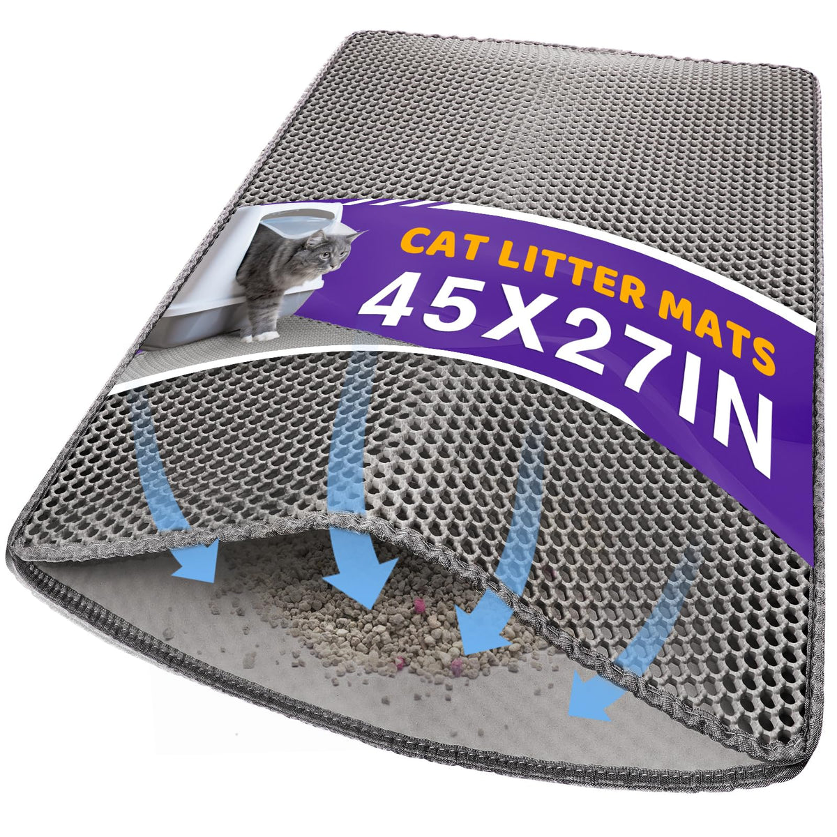 Furwey Cat Litter Mat Double Layer Waterproof Urine Proof Trapping Mat 1 Pack (Gray, 45X27 Inch)