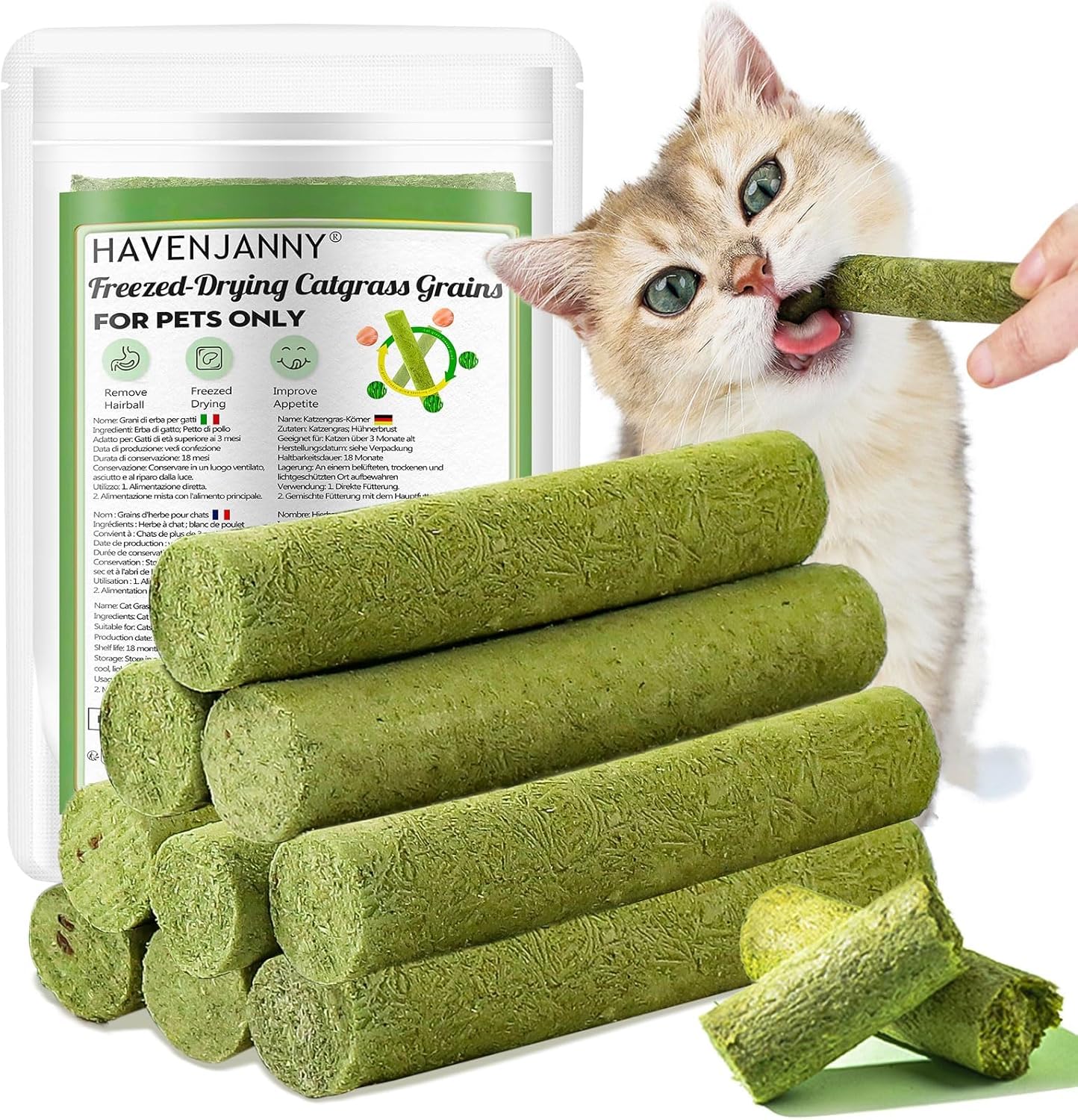 HavenJanny 50g Cat Grass Teething Stick, Freezed Drying Cat Grass Sticks Snacks for Cats, Edible Cat Treats for Teeth Cleaning a