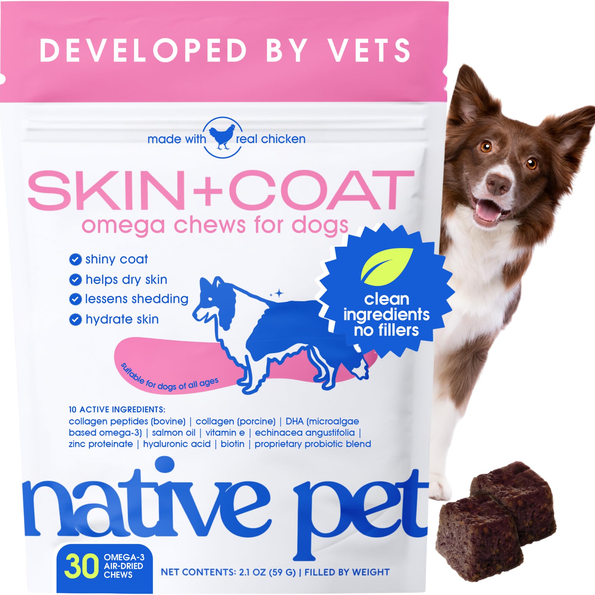 Native Pet Omega Skin and Coat Chews for Dogs - Dog Skin and Coat Supplement for Healthy, Shiny Fur, Reduce Shedding and Dry Spo