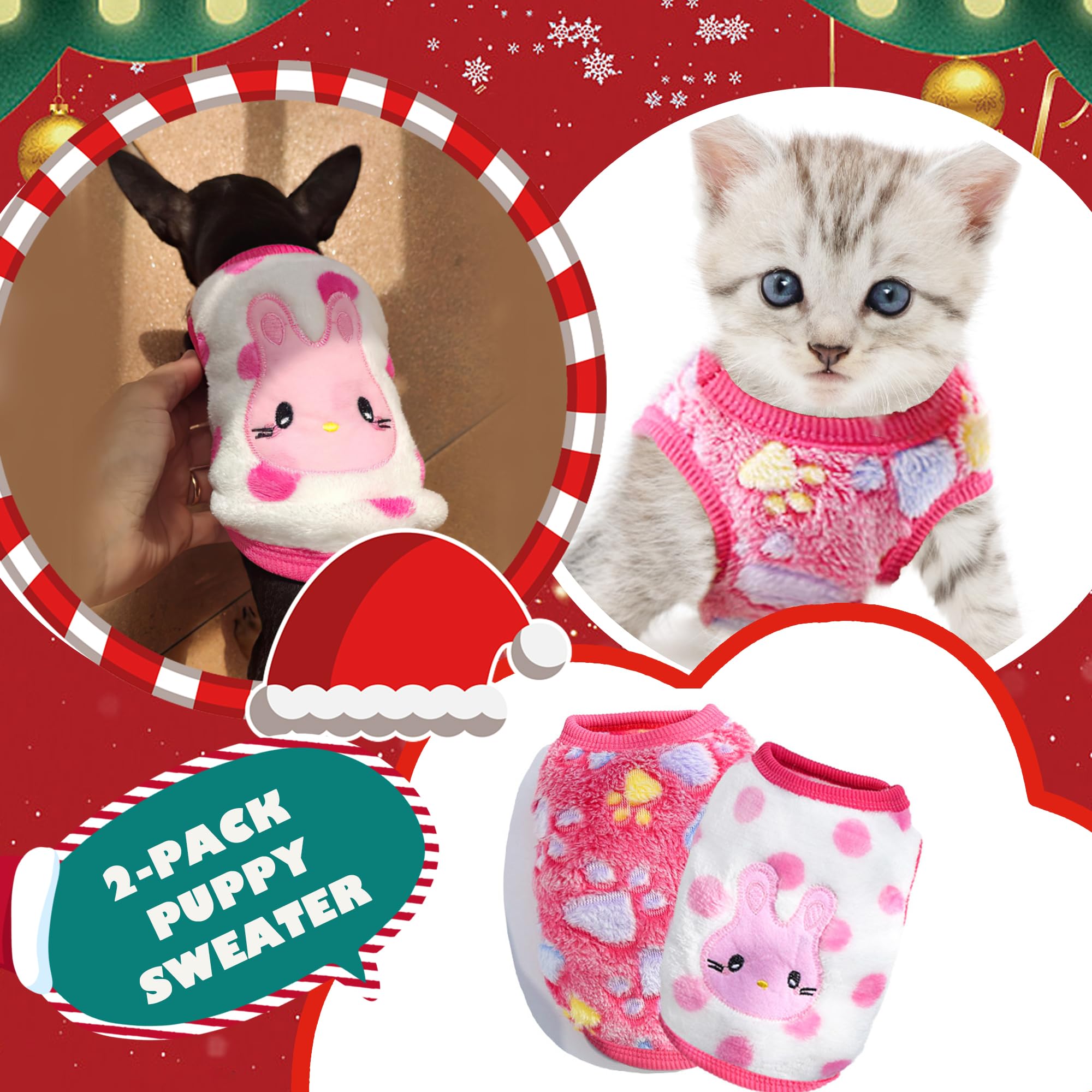 2 Pieces Chihuahua Sweater For Teacup & Extra Small Dogs - Xmas Pet Puppy & Cat Clothing - Warm Winter Clothes (X-Small)