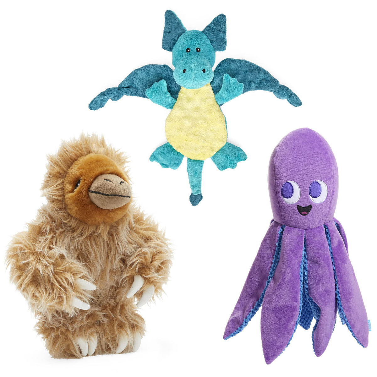 Barkbox - Best Of Barkbox Bundle - Squeaky Dog Toys - Plush Chew Toys - Puppy And Pet Toys For Medium, And Large Dogs - Gordon The Sloth, Dingbert The Dragon, And Ollie The Octopus