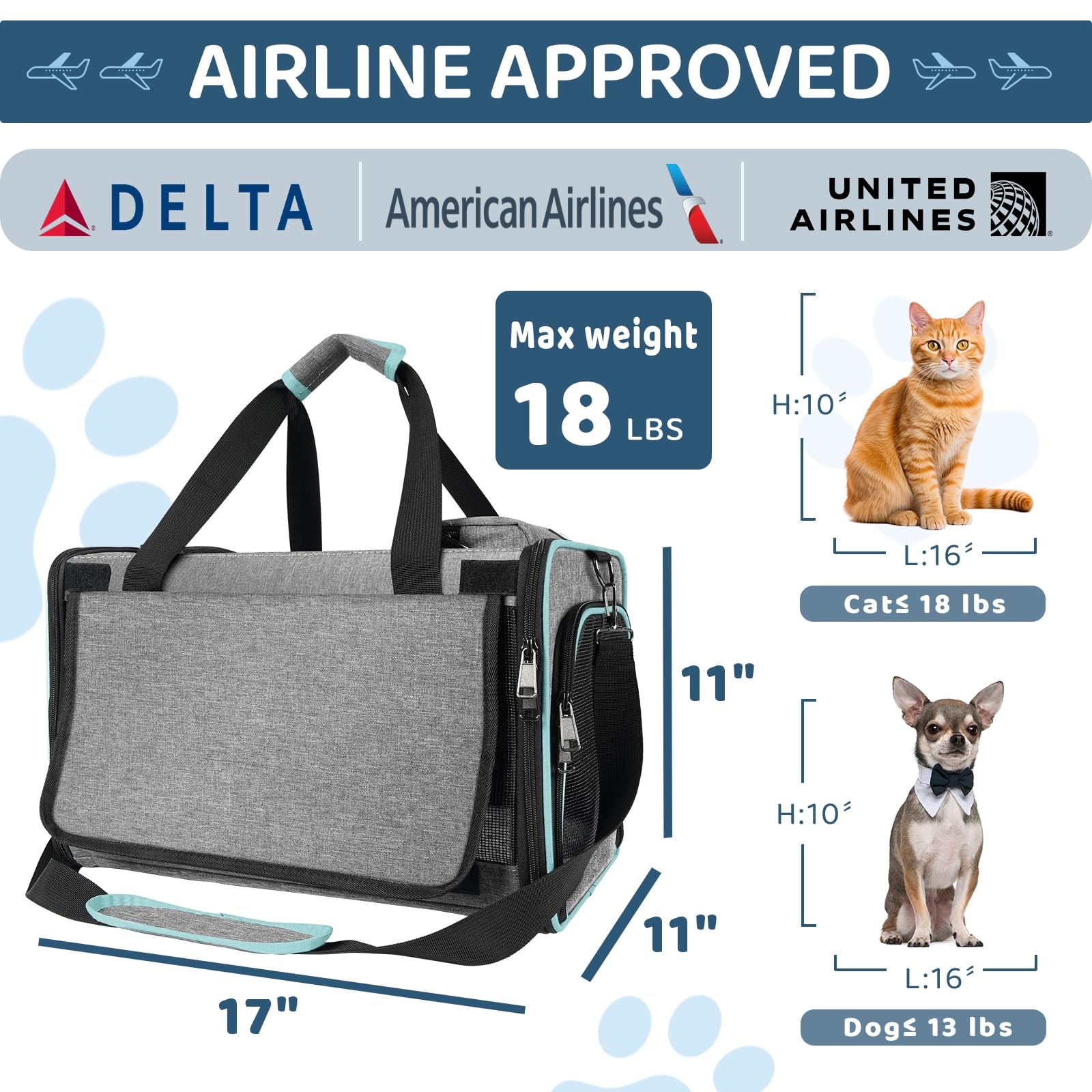 Gapzer Cat Carrier American, United, Delta Airline Approved/Soft-Sided Pet Travel Bag For Medium Cat 15+ Lbs Small Dog Traveling
